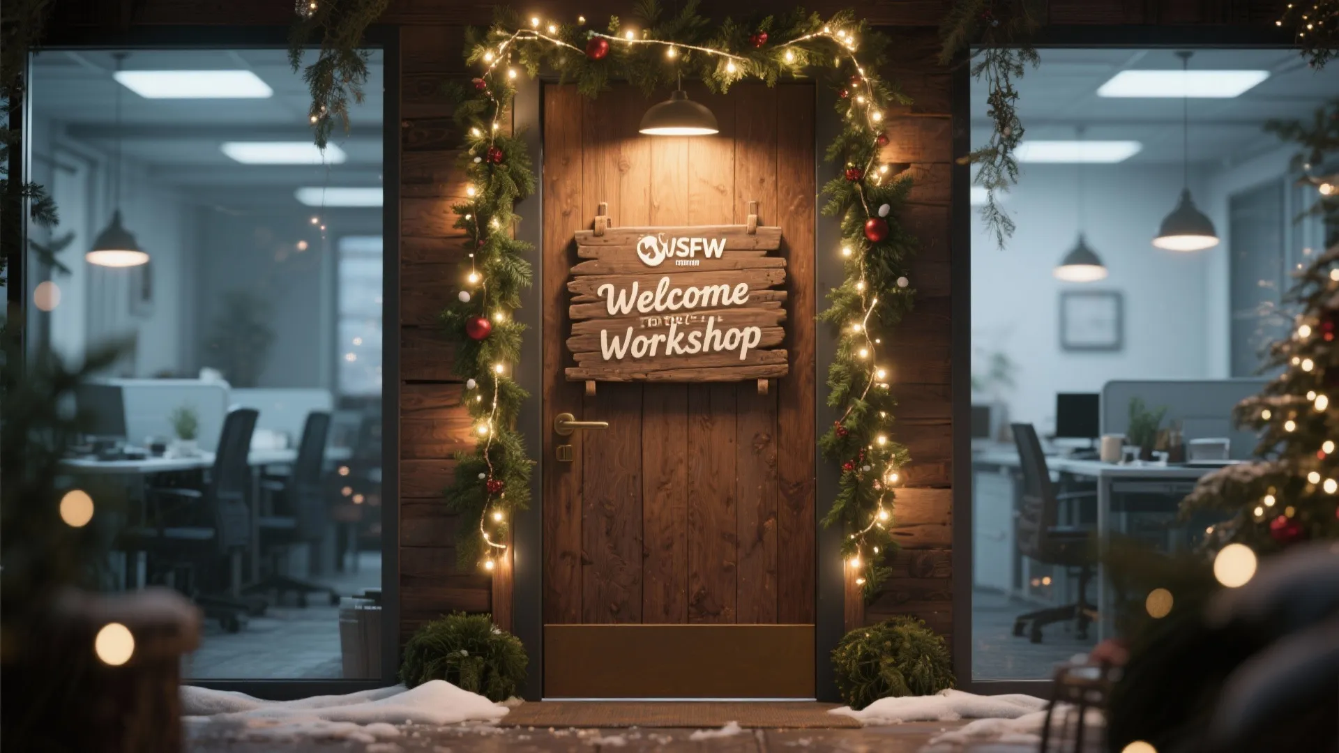 Festive office entrance with garlands, fairy lights, and welcome sign