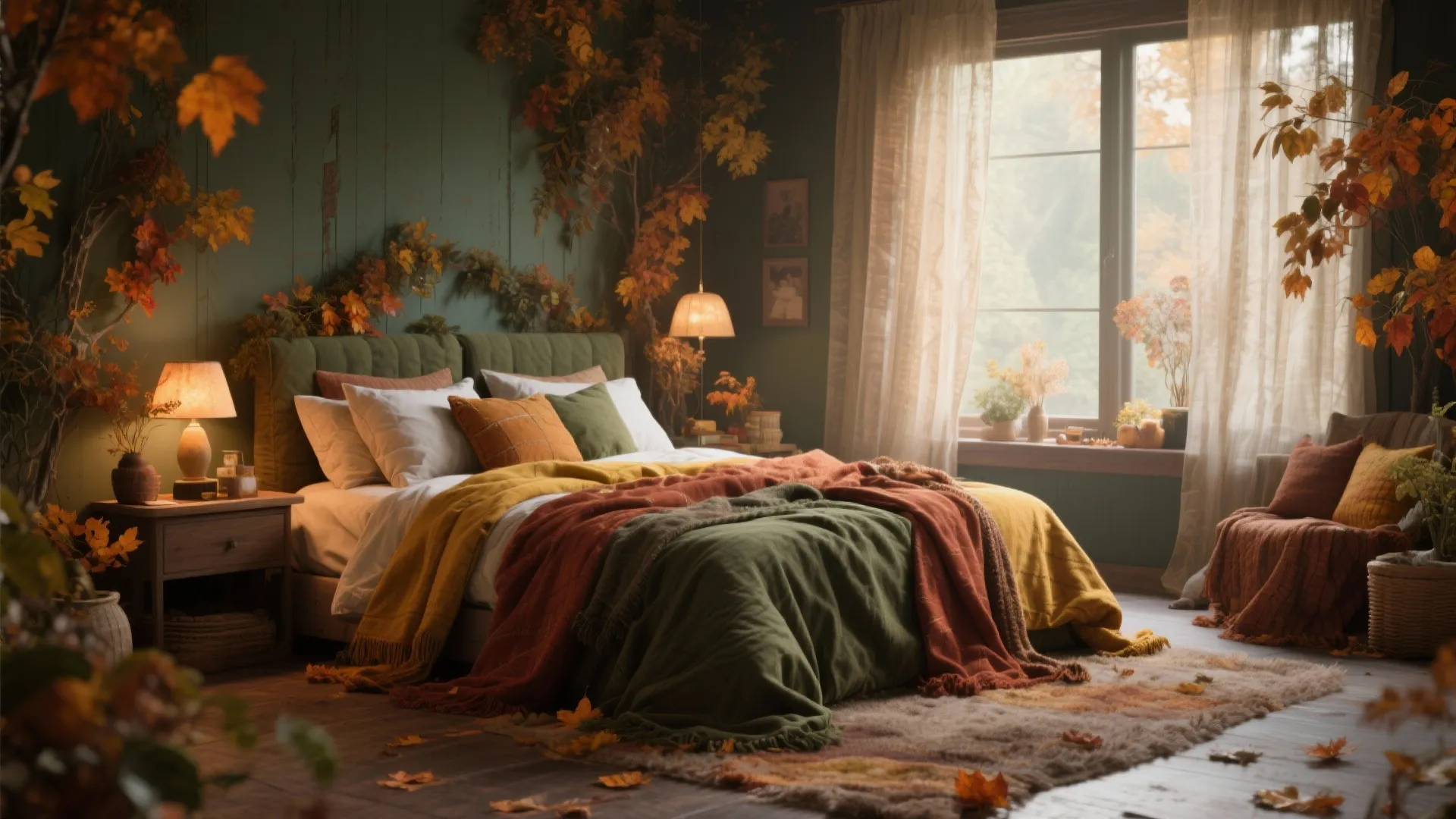 Cozy autumn bedroom featuring green wall, orange blankets, wooden floor, large window, and fall leaves