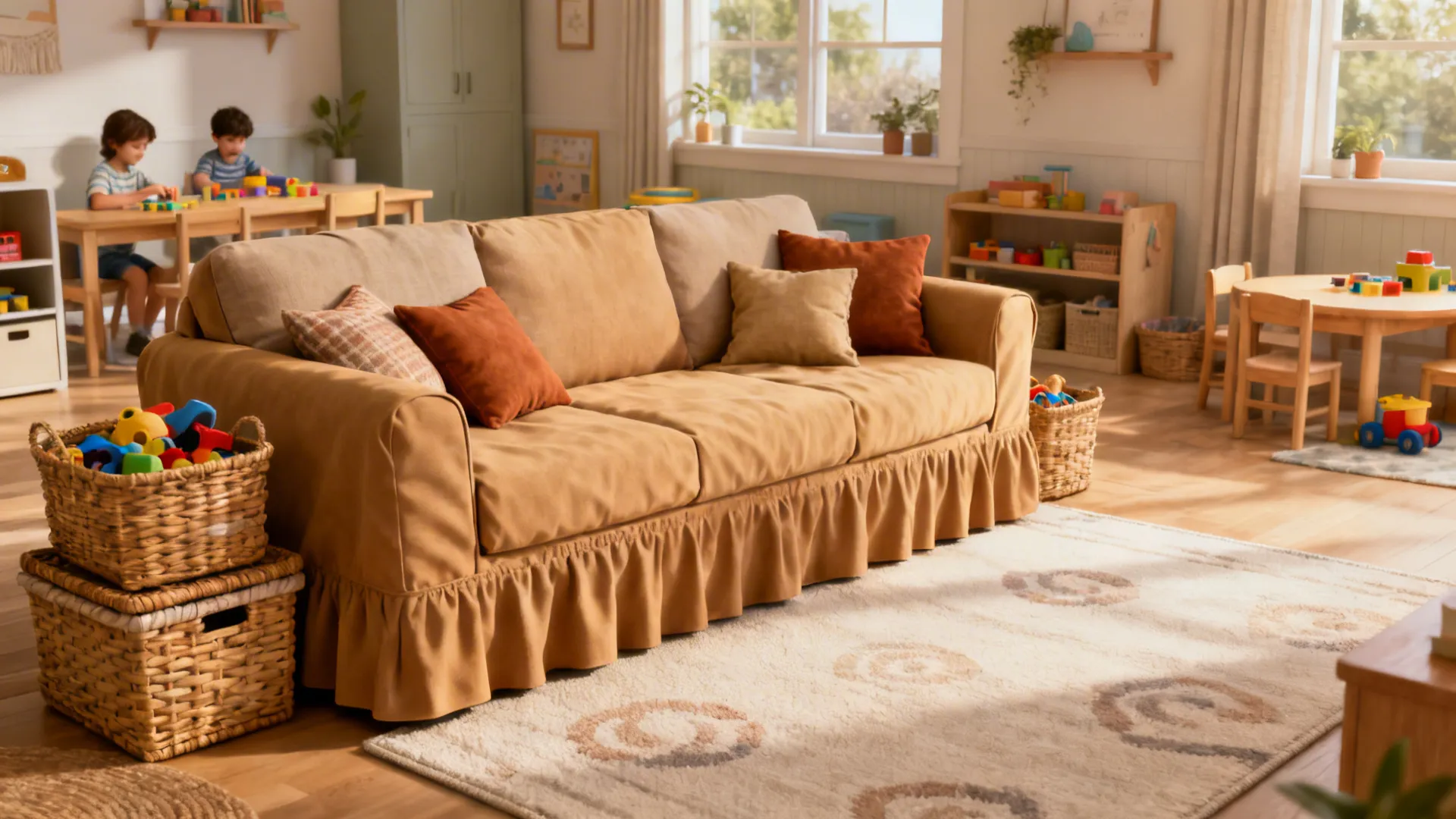 Cozy family living room with a tan couch, toy baskets, washable covers and an easy-clean rug