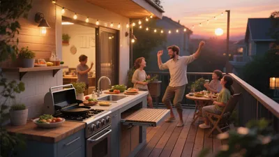Outdoor Kitchen & Dining Space with String Lights