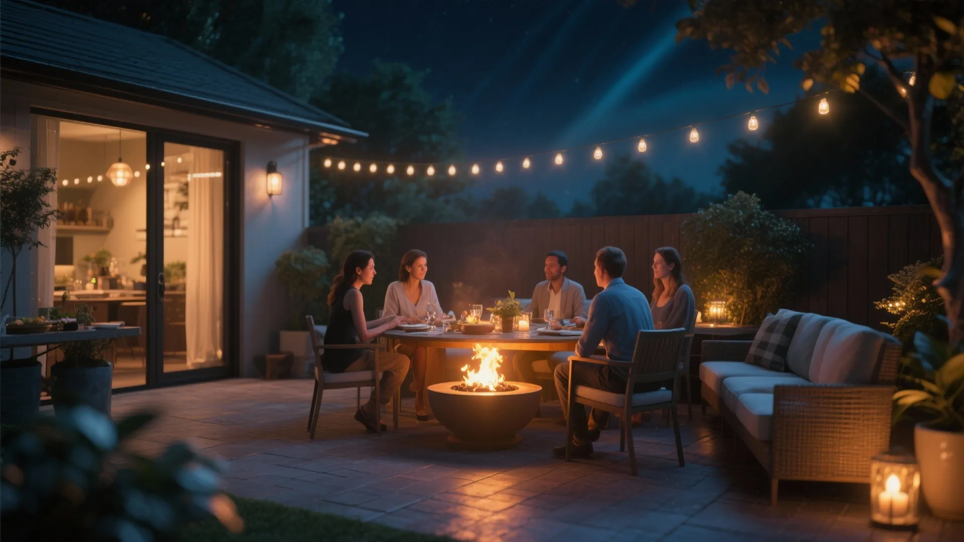 Friends dining outdoors on a patio with fire pit, string lights, and a comfortable sofa
