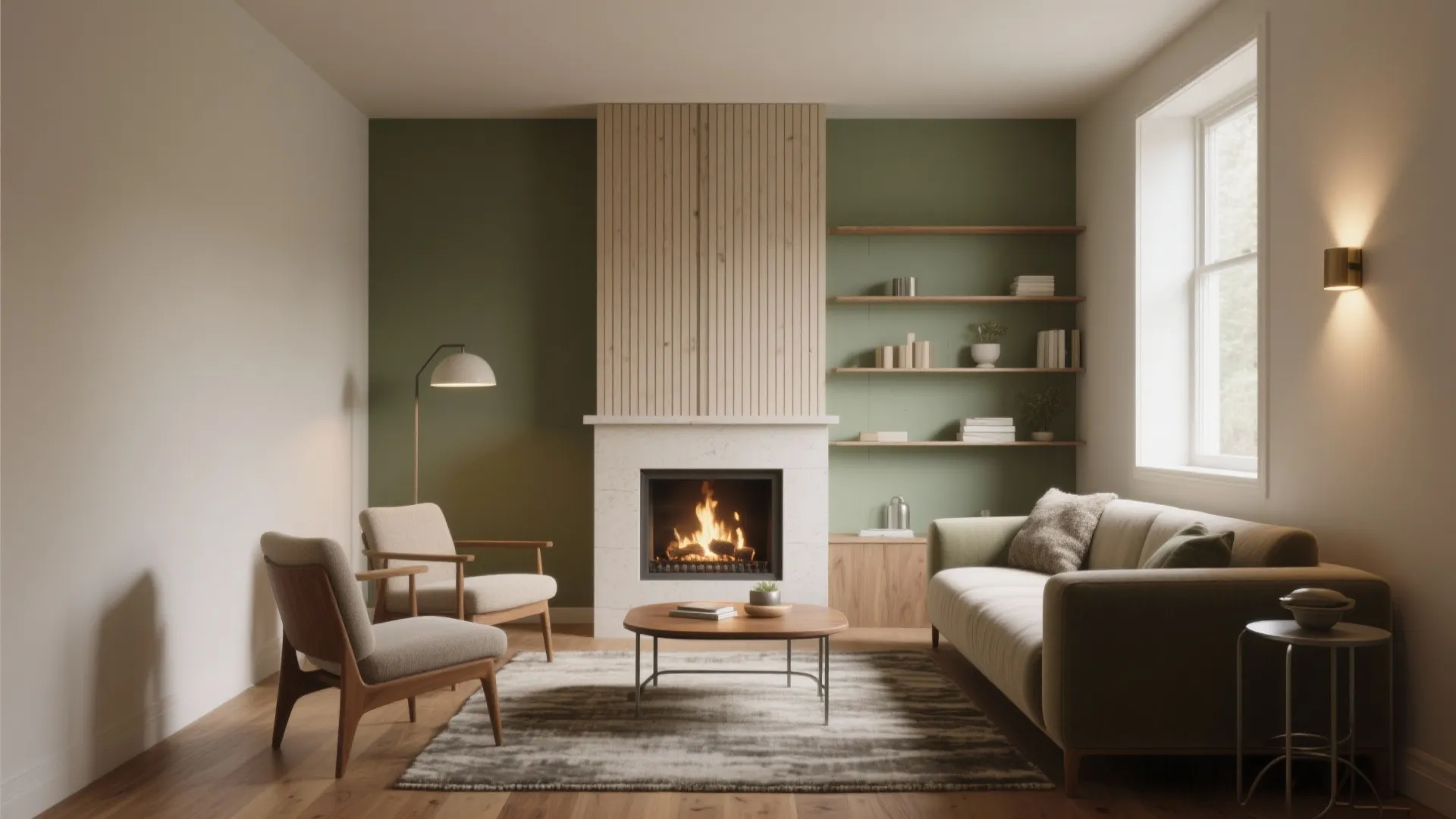 Modern living room featuring green walls a white fireplace two chairs sofa and wood flooring