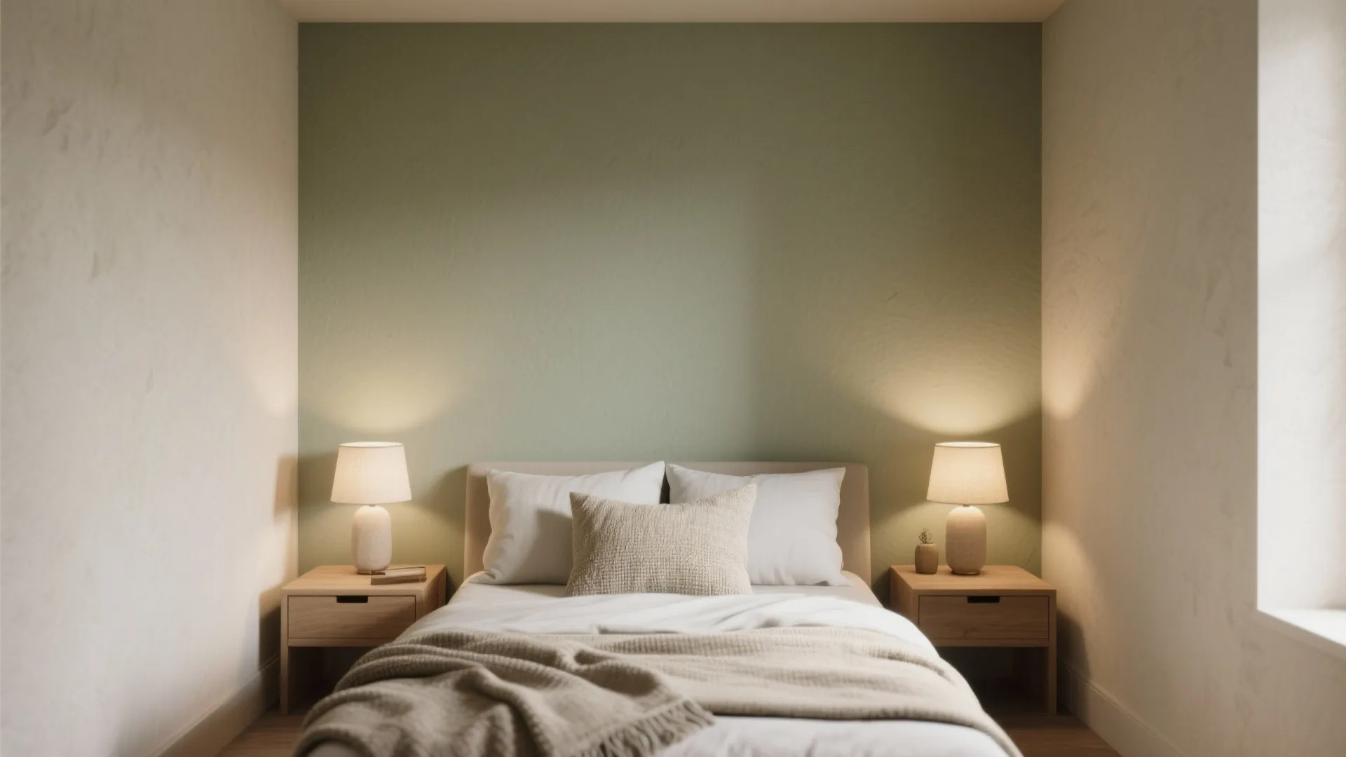 Small bedroom with green wall white bedding wooden nightstands and two glowing warm table lamps