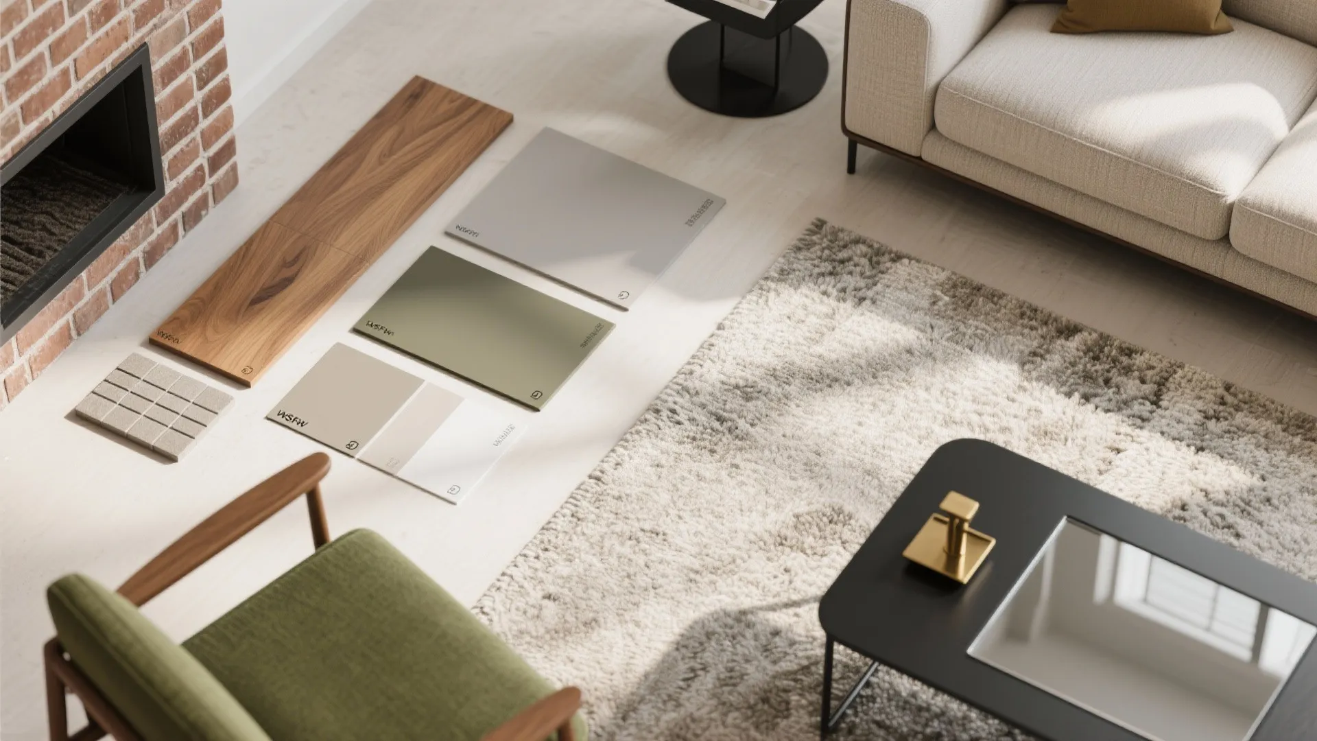 Interior design materials including wood planks and color samples placed on floor near a green chair