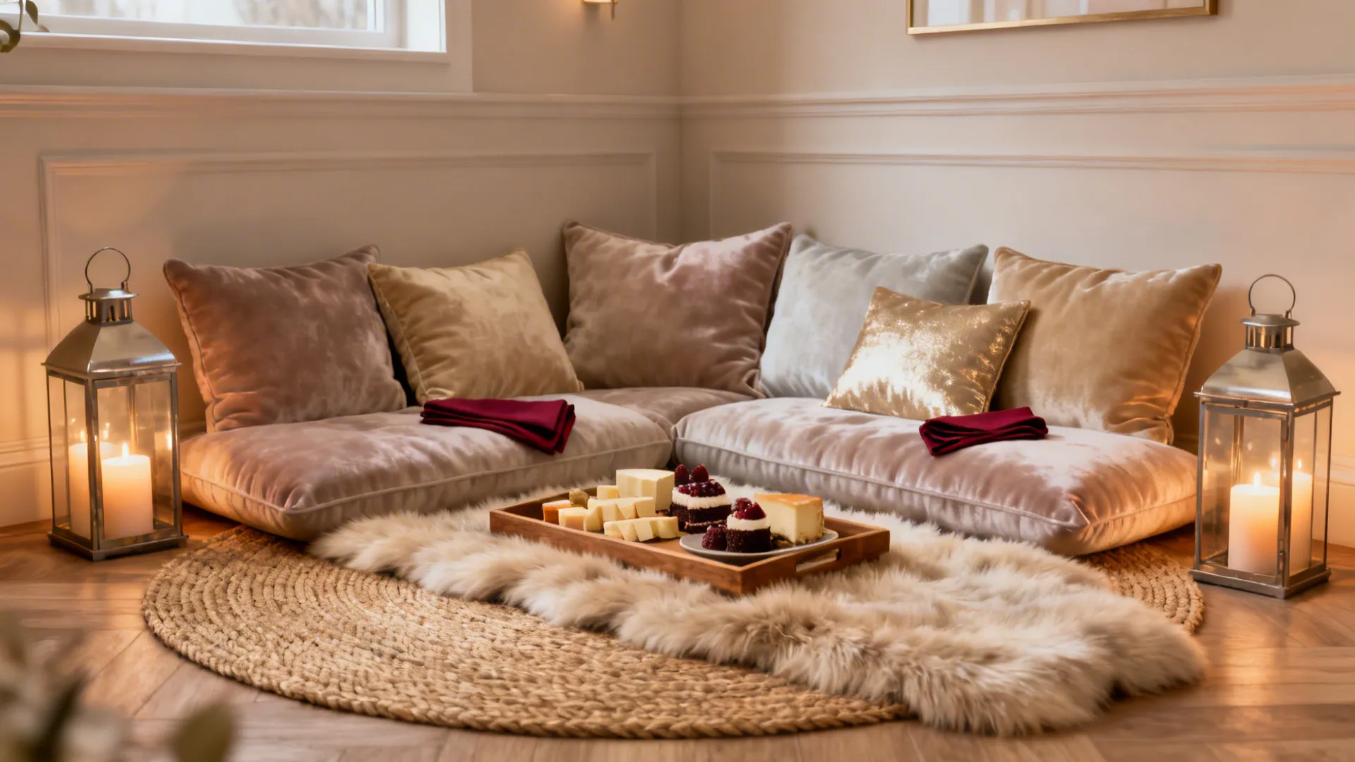 Layered rugs, velvet floor cushions, and a low tray create an intimate floor lounge for an anniversary.