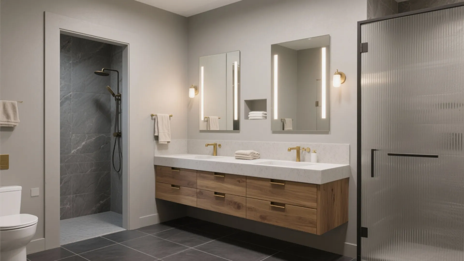 Modern bathroom featuring wooden cabinet two mirrors with lights double sinks and a walk-in shower