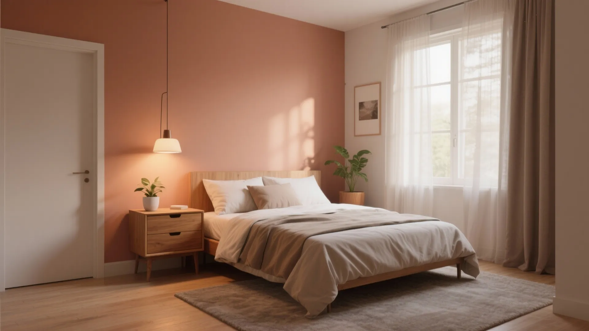 Modern bedroom with peach wall wooden bed nightstand ceiling light white curtains and indoor green plant