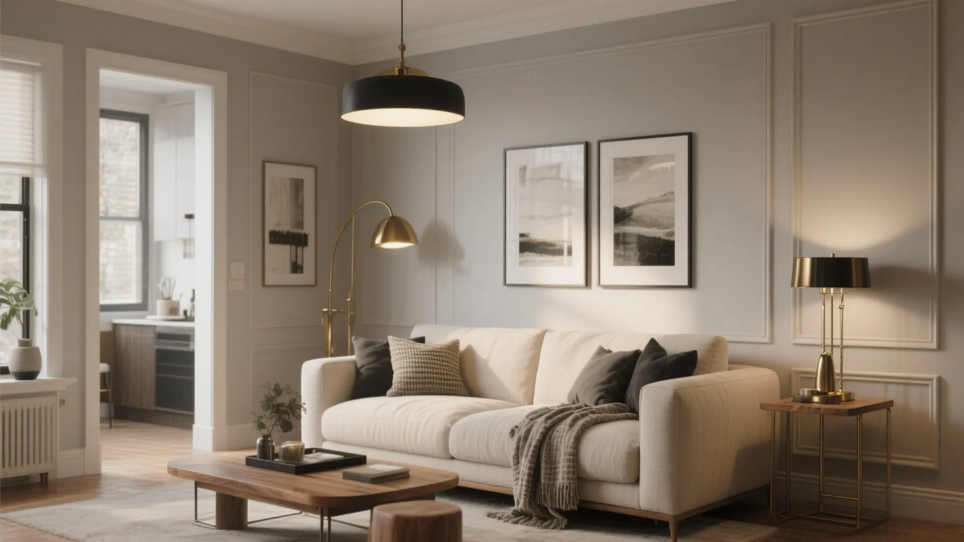 Elegant grey living room with cream sofa black ceiling light gold floor lamp and wall panel