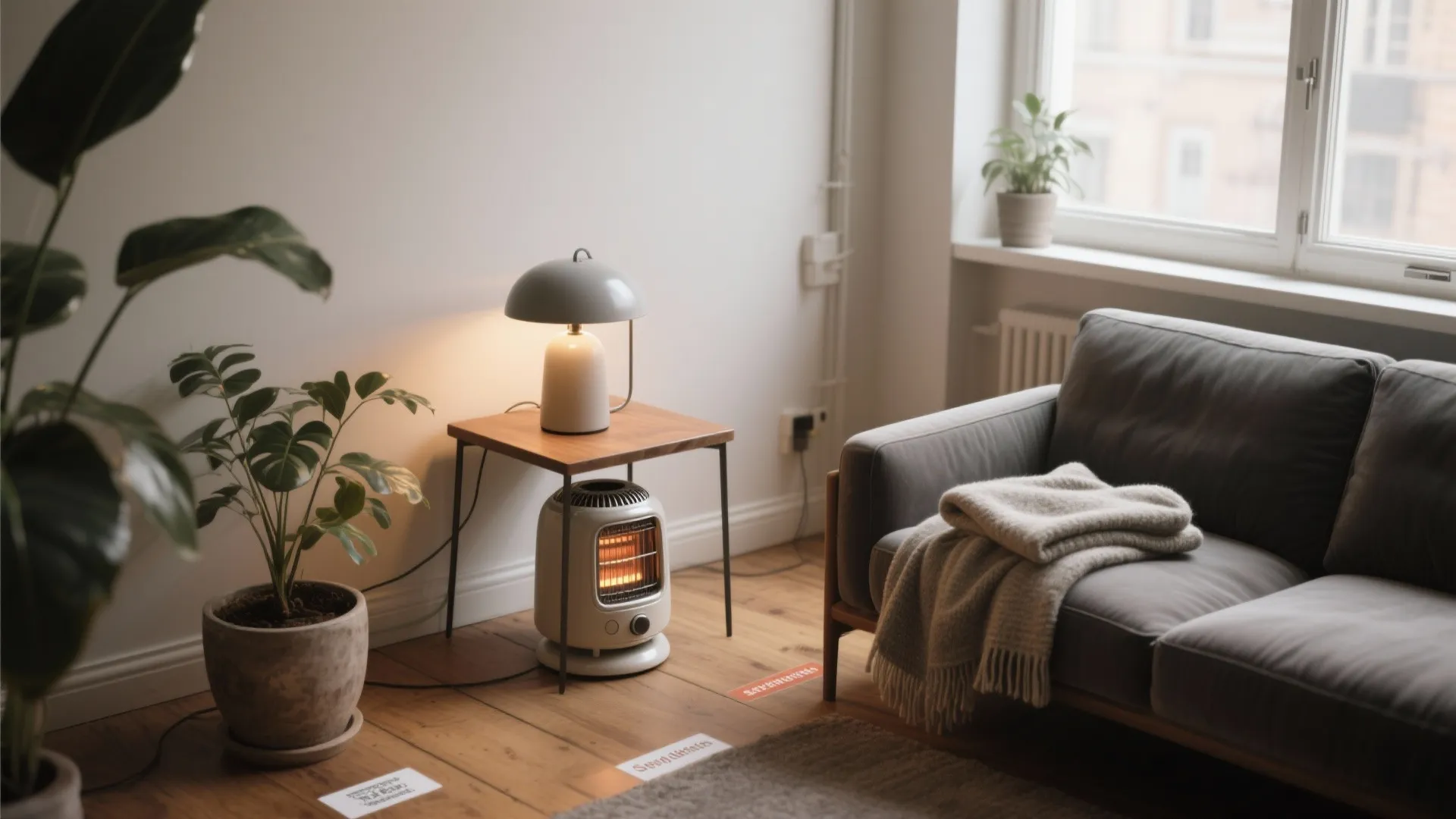 Small electric floor heater placed under a side table next to a grey living room sofa