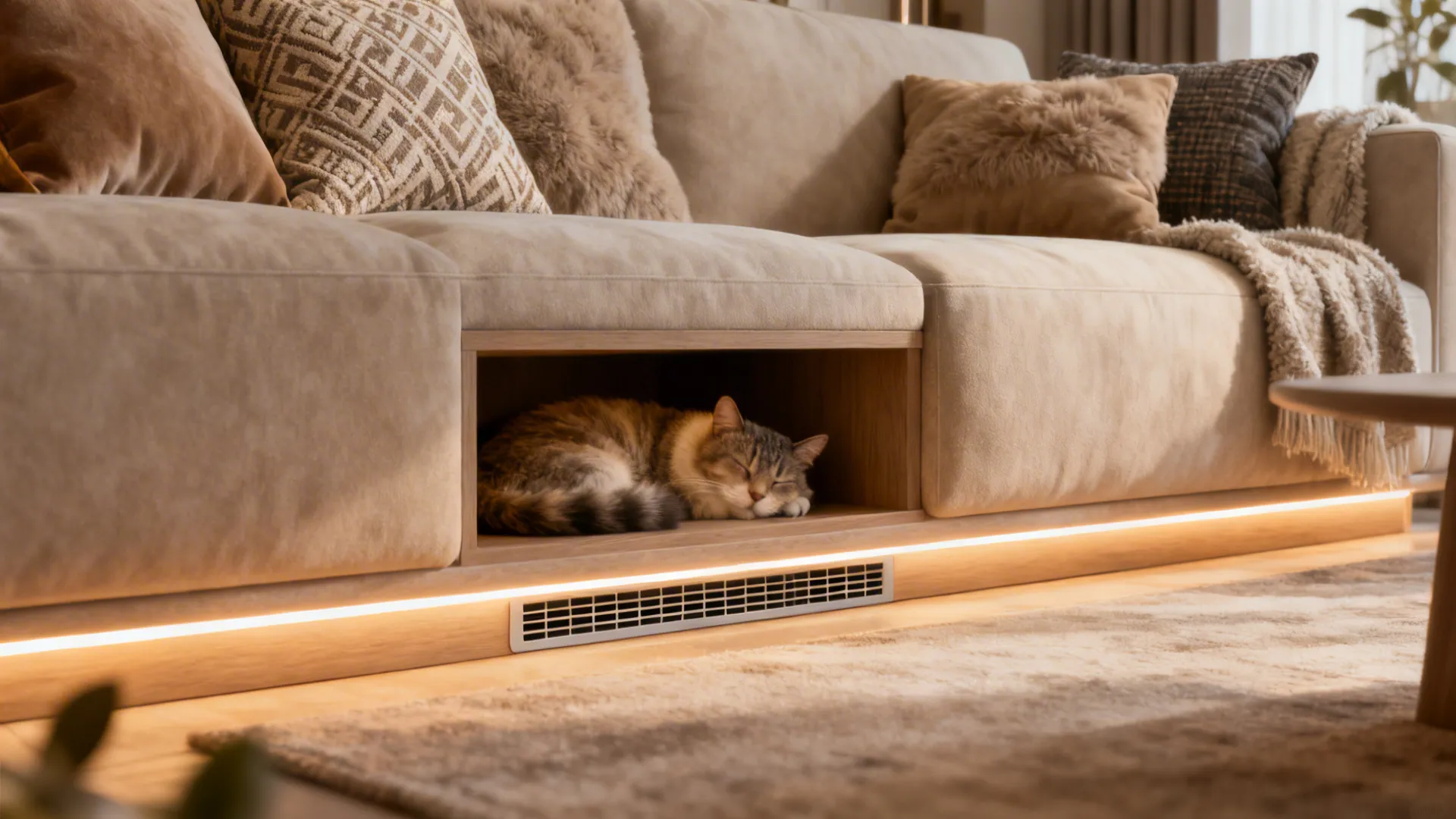 Low-profile cat hideout behind a sofa with plush cushions and soft LED lighting, ventilation gap visible.