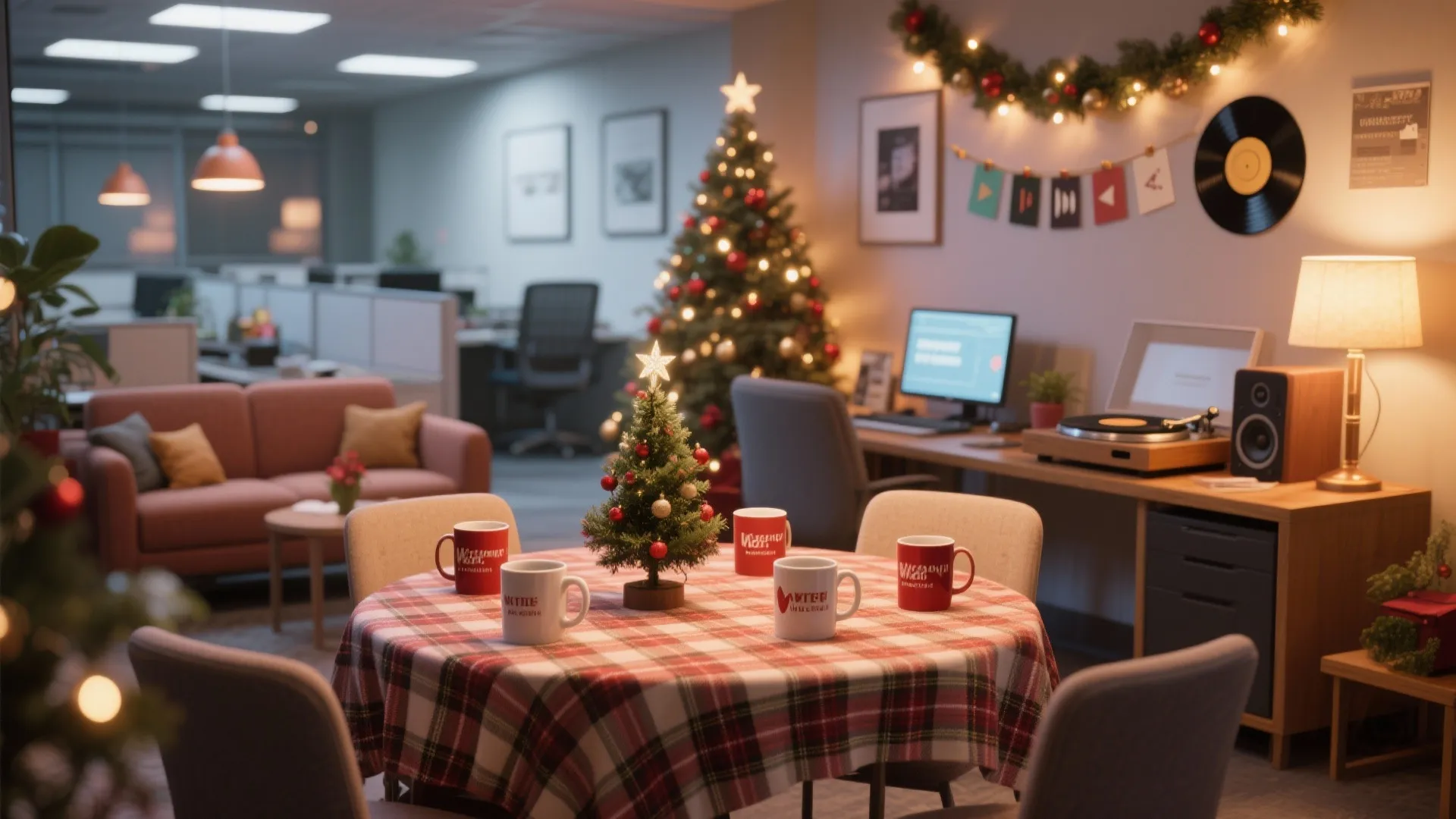 Office break room with round table, holiday mugs, pink sofa, record player, and Christmas tree