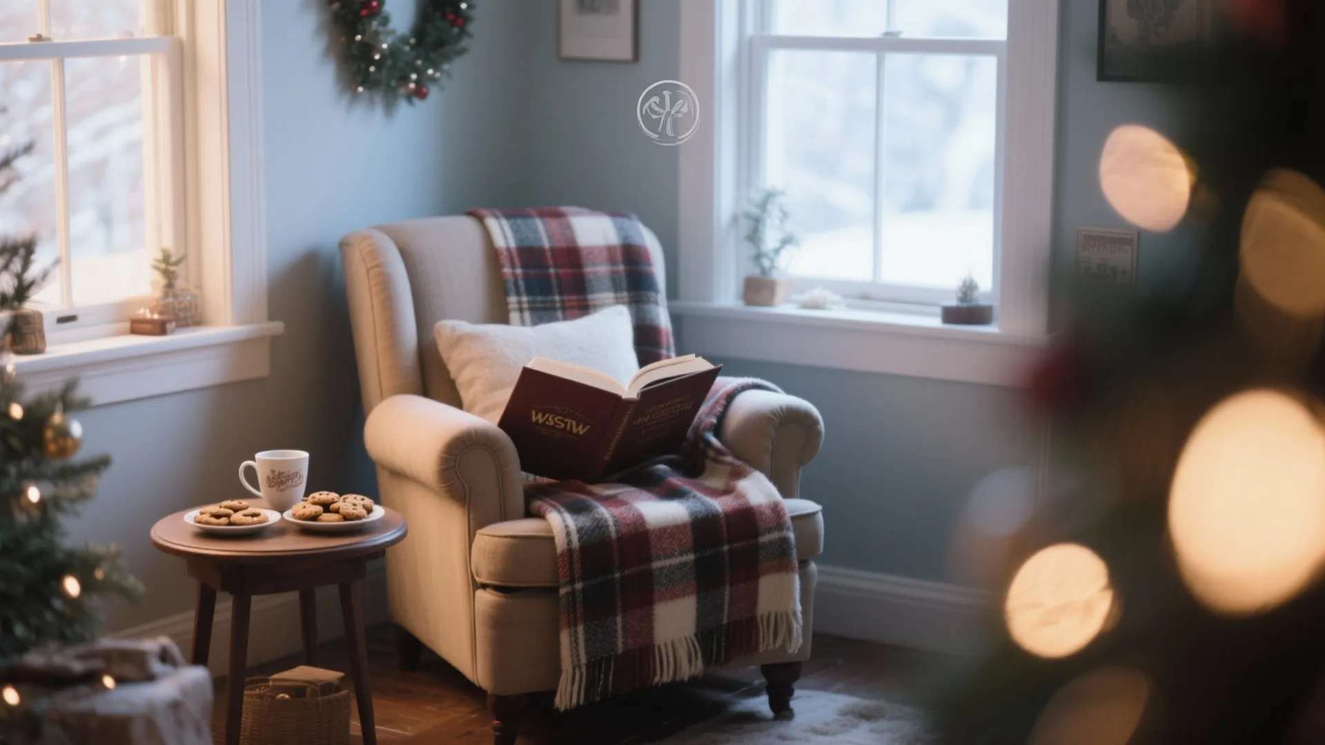 Cozy reading corner with plaid blanket and holiday treats