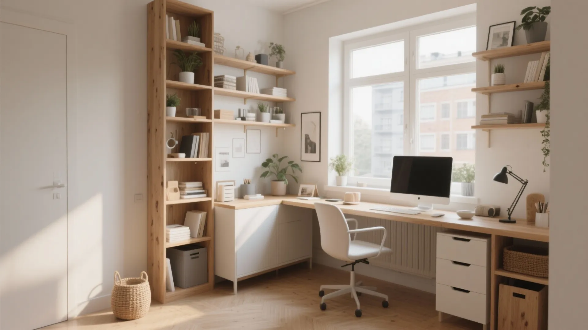 Minimalist home office with white chair wooden desk tall bookshelf computer monitor and natural light