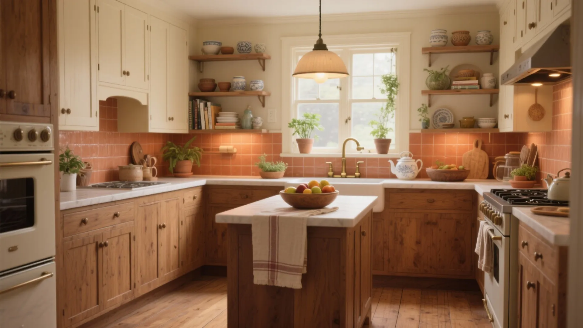 Cozy rustic kitchen with wooden cabinets pink tile wall marble island and warm ceiling light