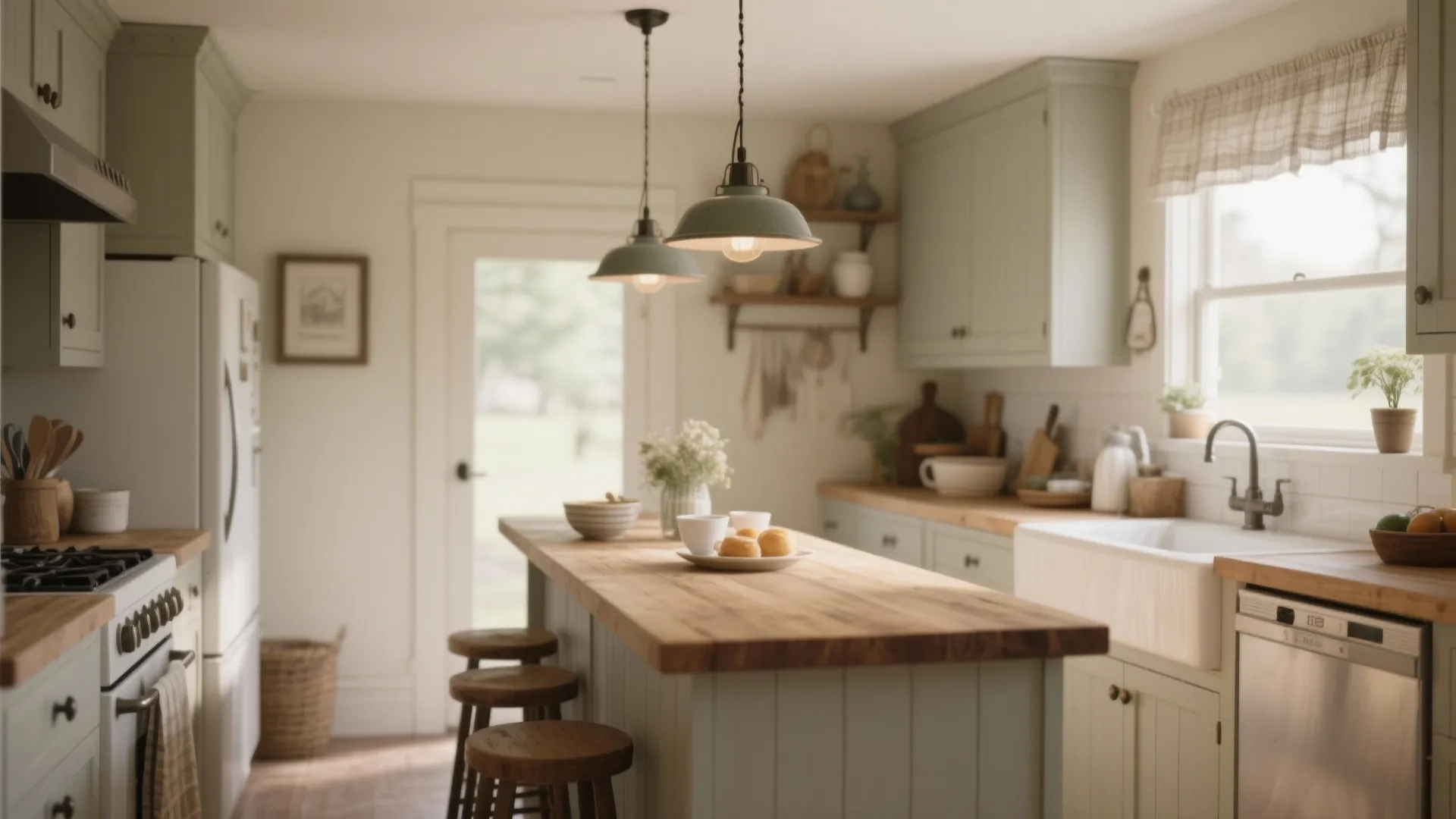 Small kitchen with a narrow wooden island and pendant lighting