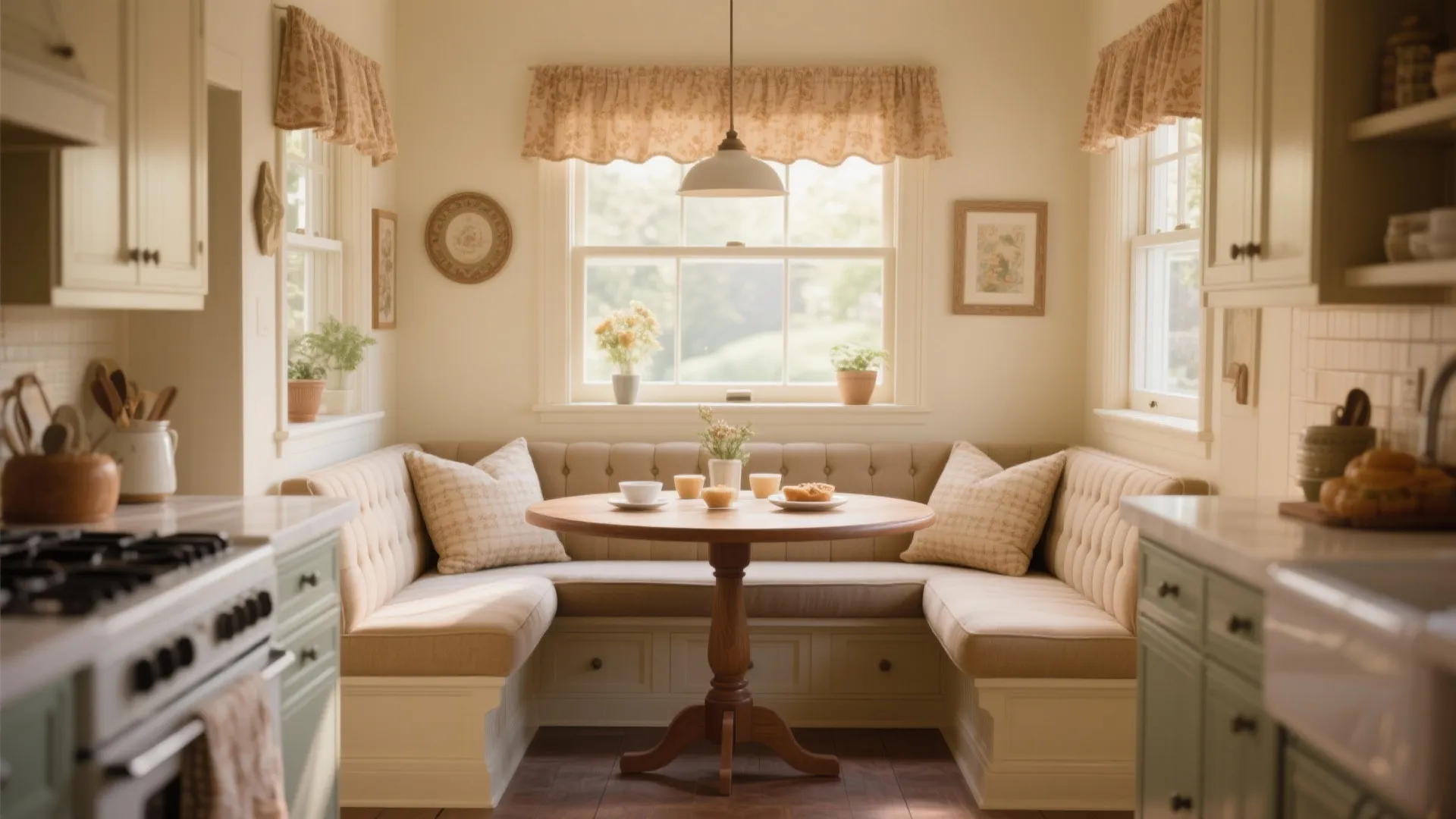 Traditional kitchen nook with upholstered bench under a sunny window