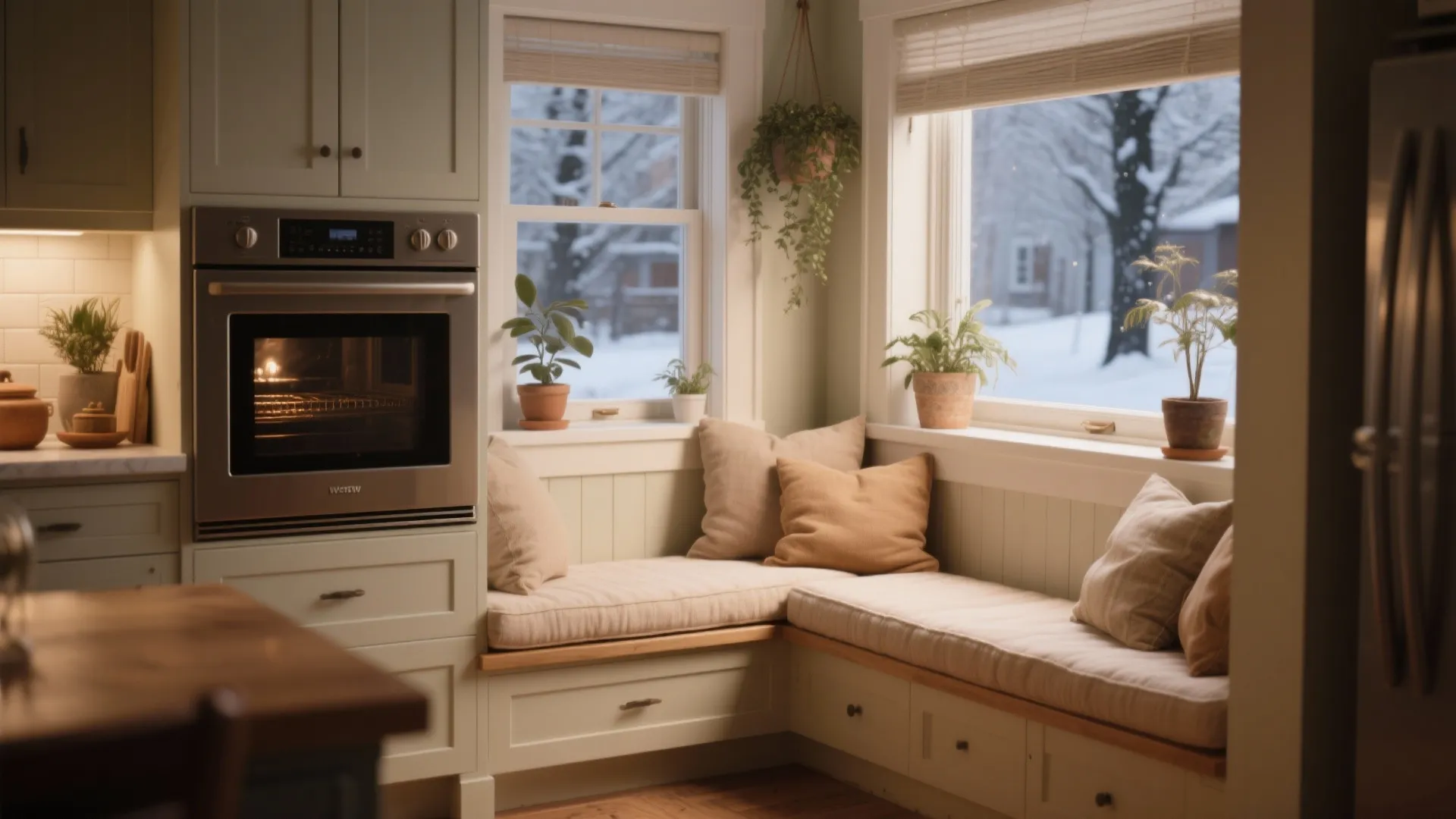 Cozy kitchen corner featuring a built-in bench with pillows next to windows showing winter view