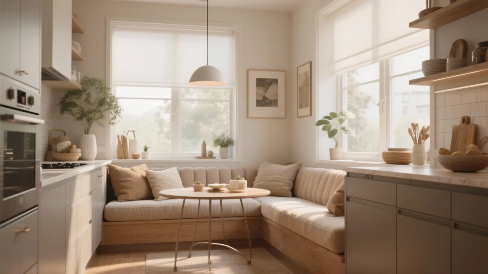 Cozy kitchen corner with a wooden table and cushioned bench seating under bright natural light