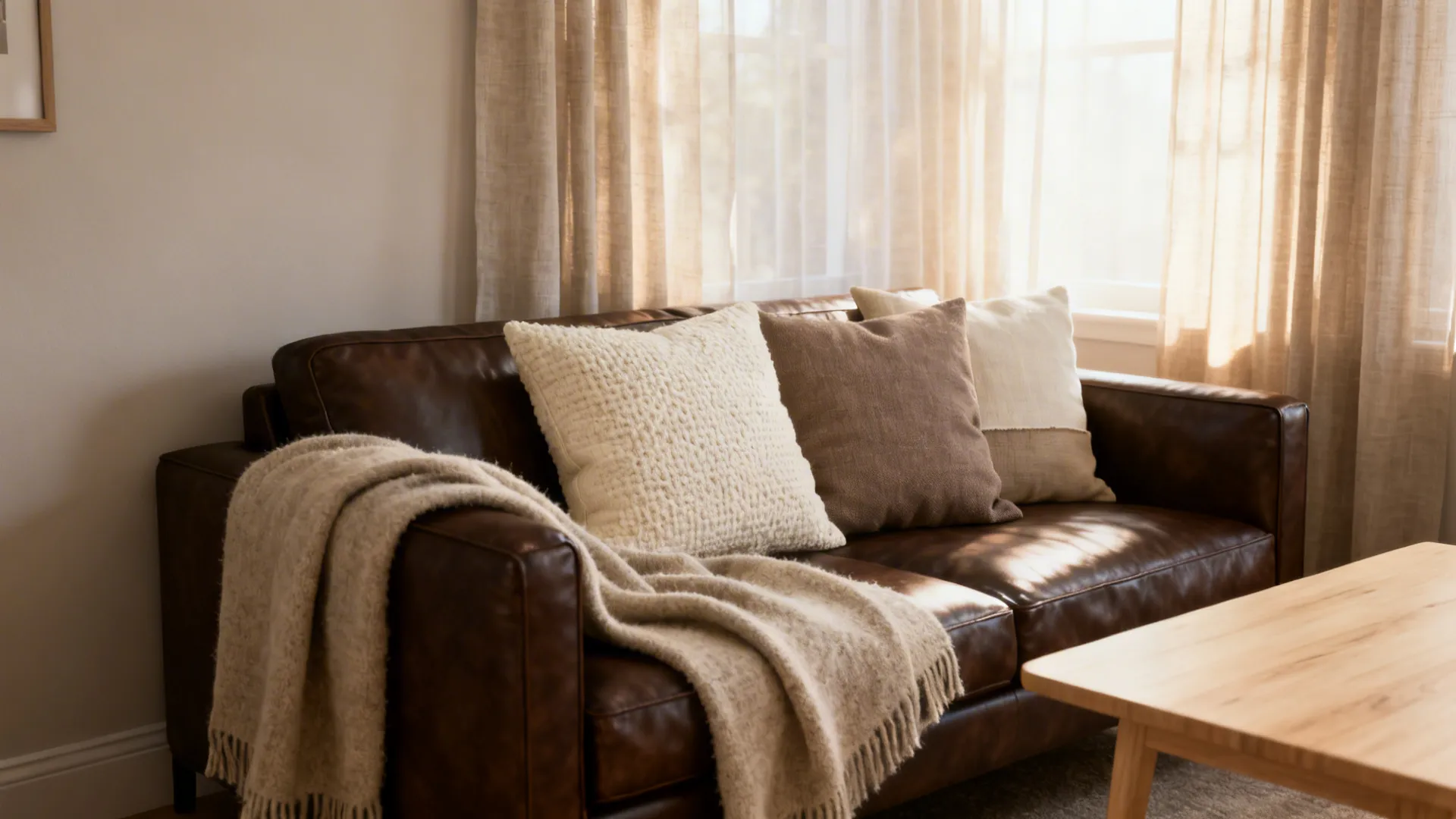 Small living room with a dark brown leather sofa and layered neutral textiles
