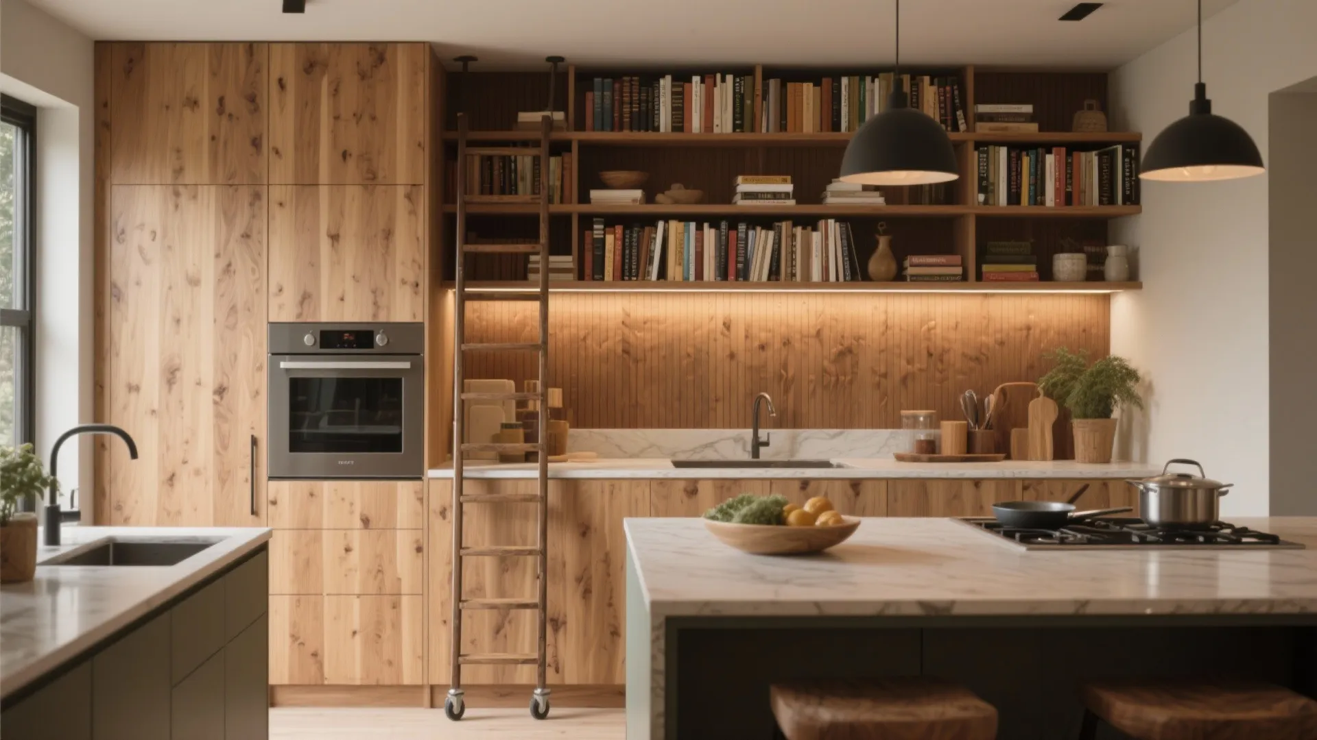 Modern wood kitchen featuring integrated bookshelves with a rolling ladder and marble island with sink