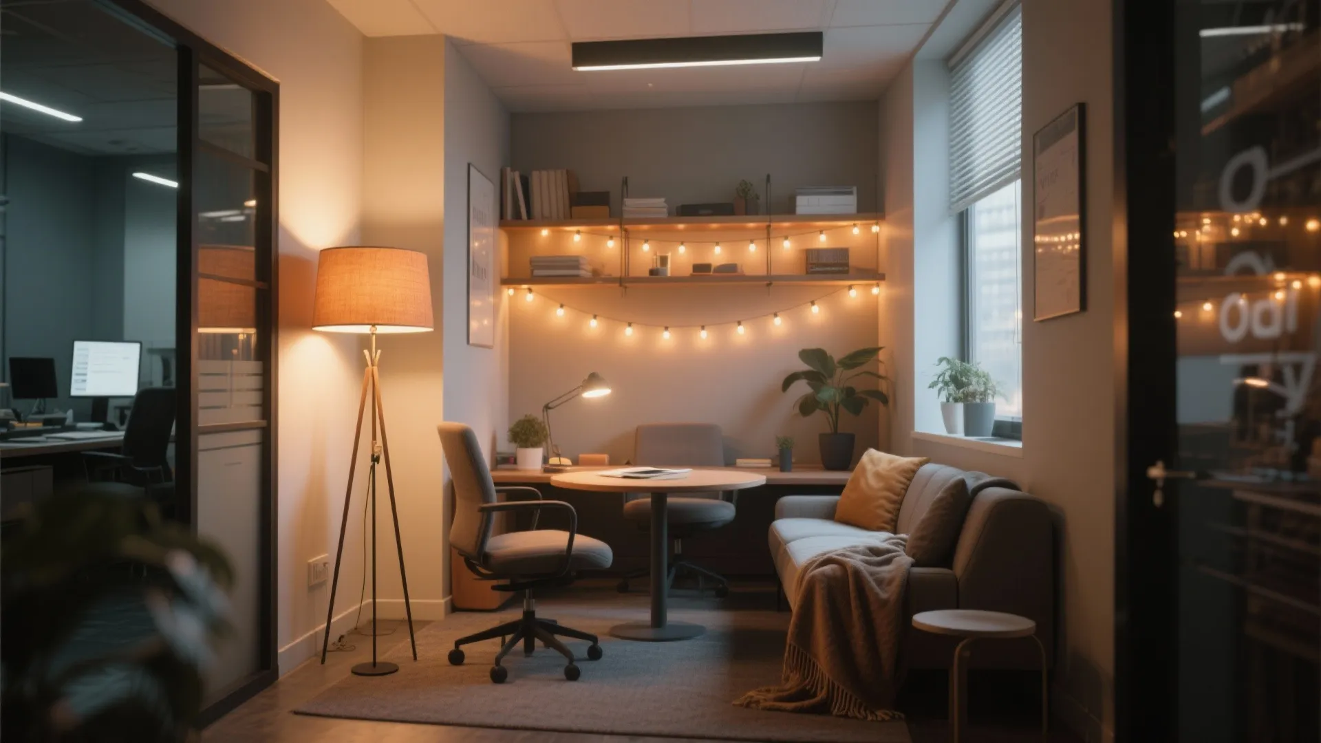 Cozy office interior design with warm floor light string lights sofa desk and swivel chair