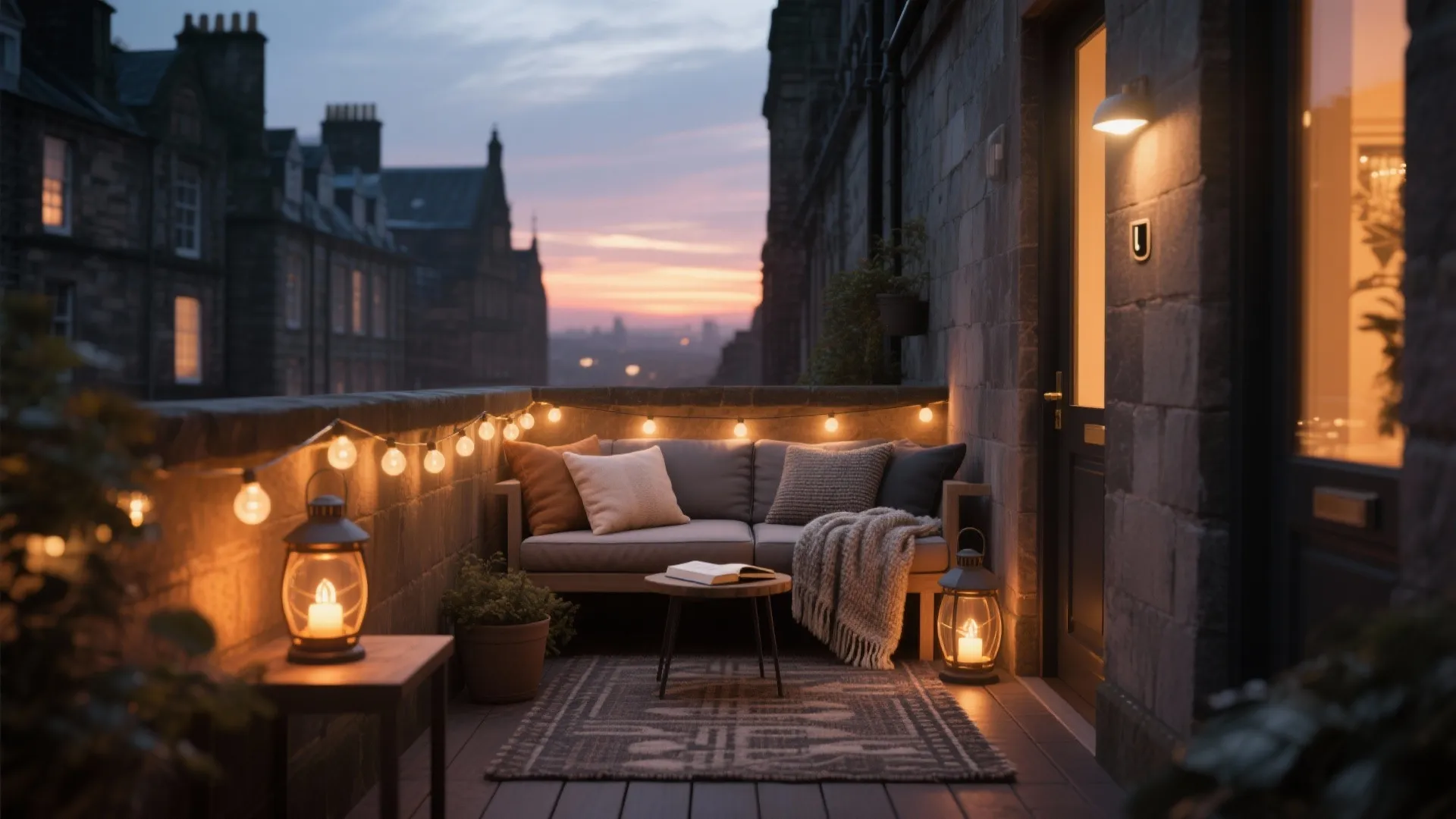 Cozy balcony at sunset with a grey sofa string lights lanterns rug and city view