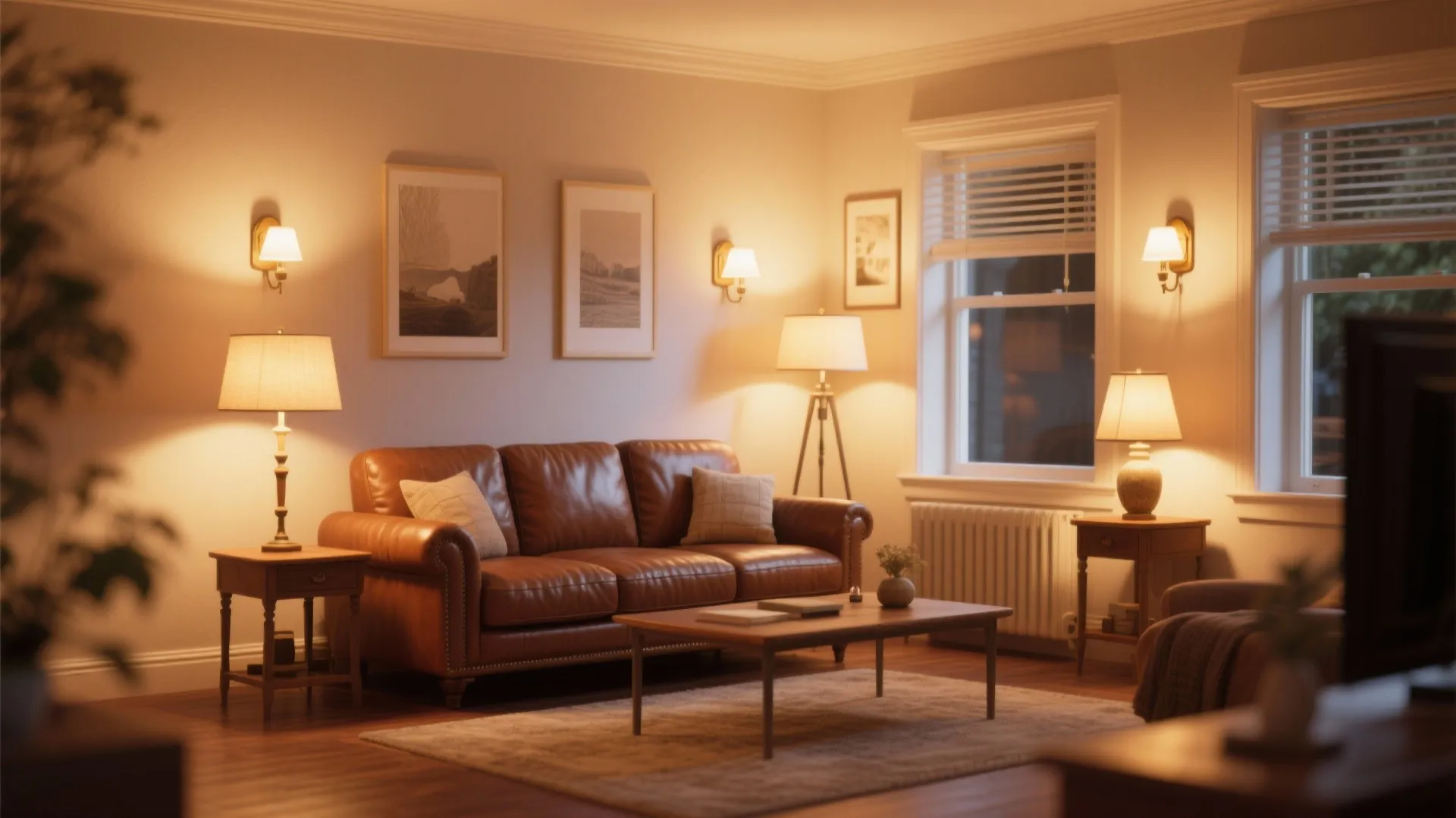 Brown leather couch surrounded by layered lighting sources