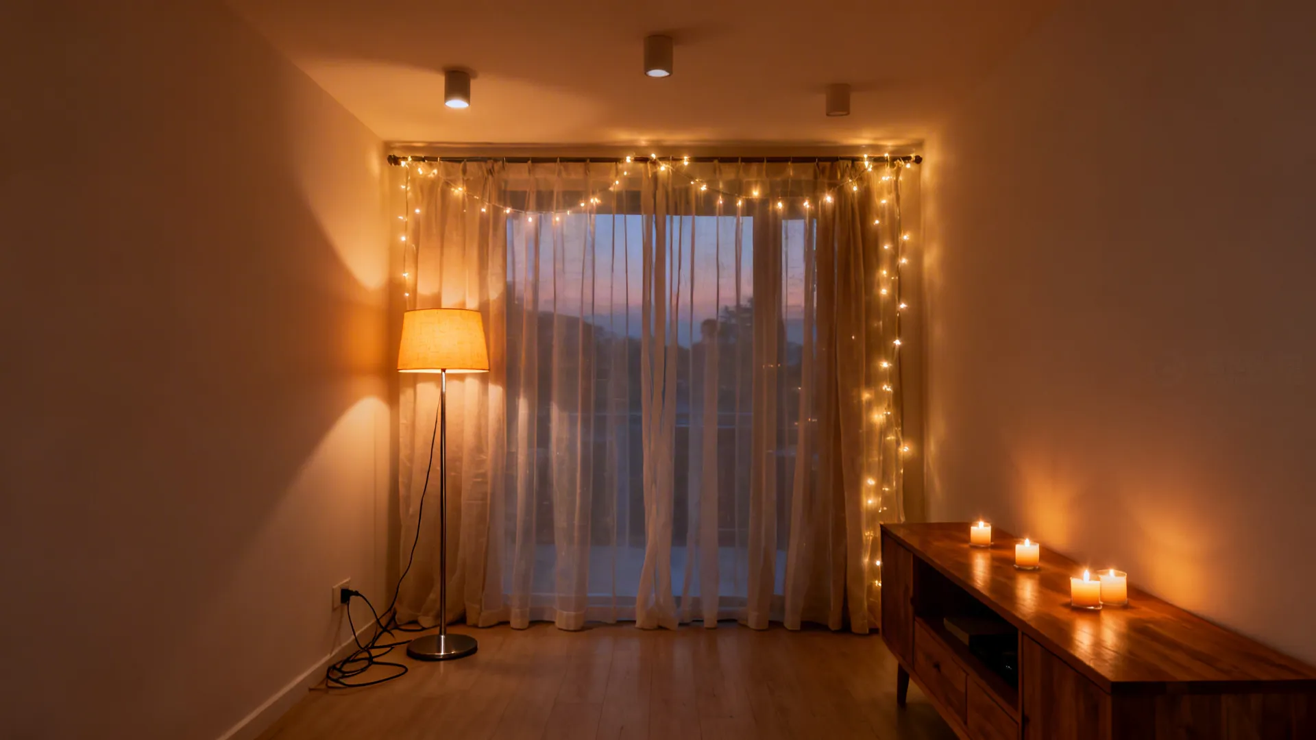 Small living room with fairy lights behind sheers, a warm floor lamp, and tea lights for a cozy birthday glow.
