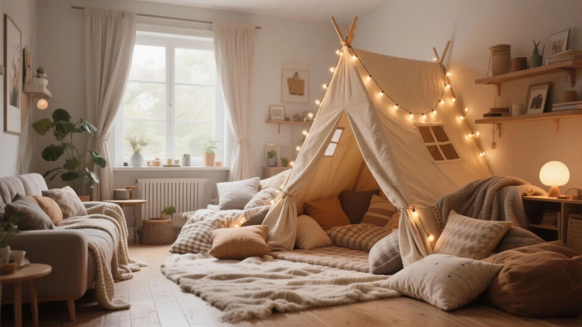 Cozy living room with indoor tent fairy lights soft pillows large rug sofa and natural light