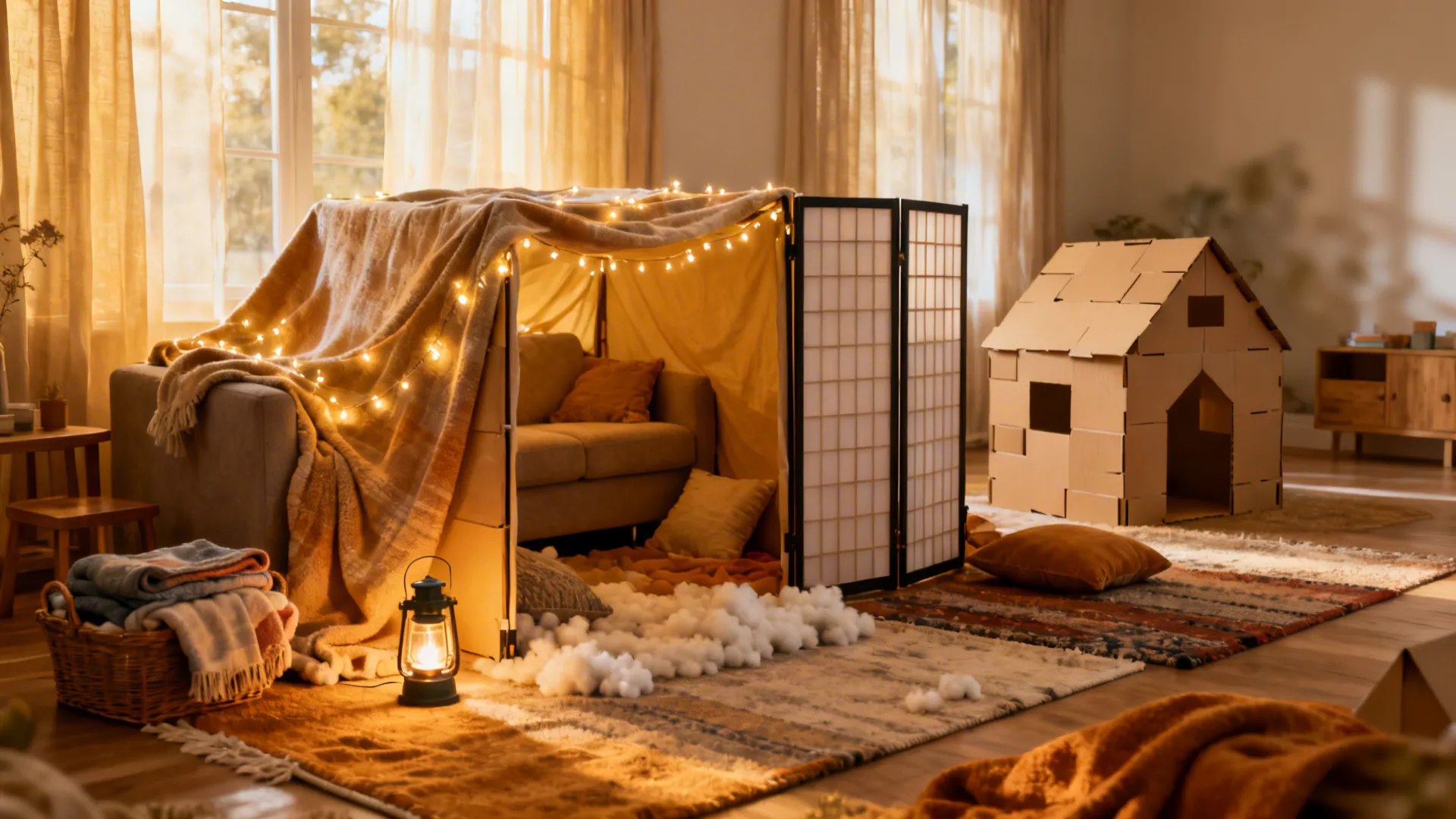 Cozy living room fort with warm fairy lights blanket cover cardboard house and floor lantern