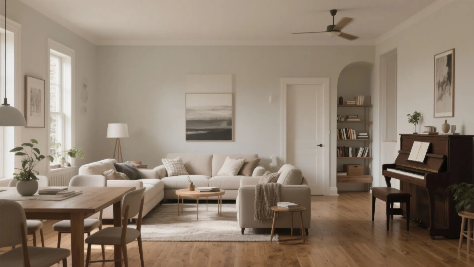 Spacious living area with cream sofas wooden dining table brown piano and ceiling fan design