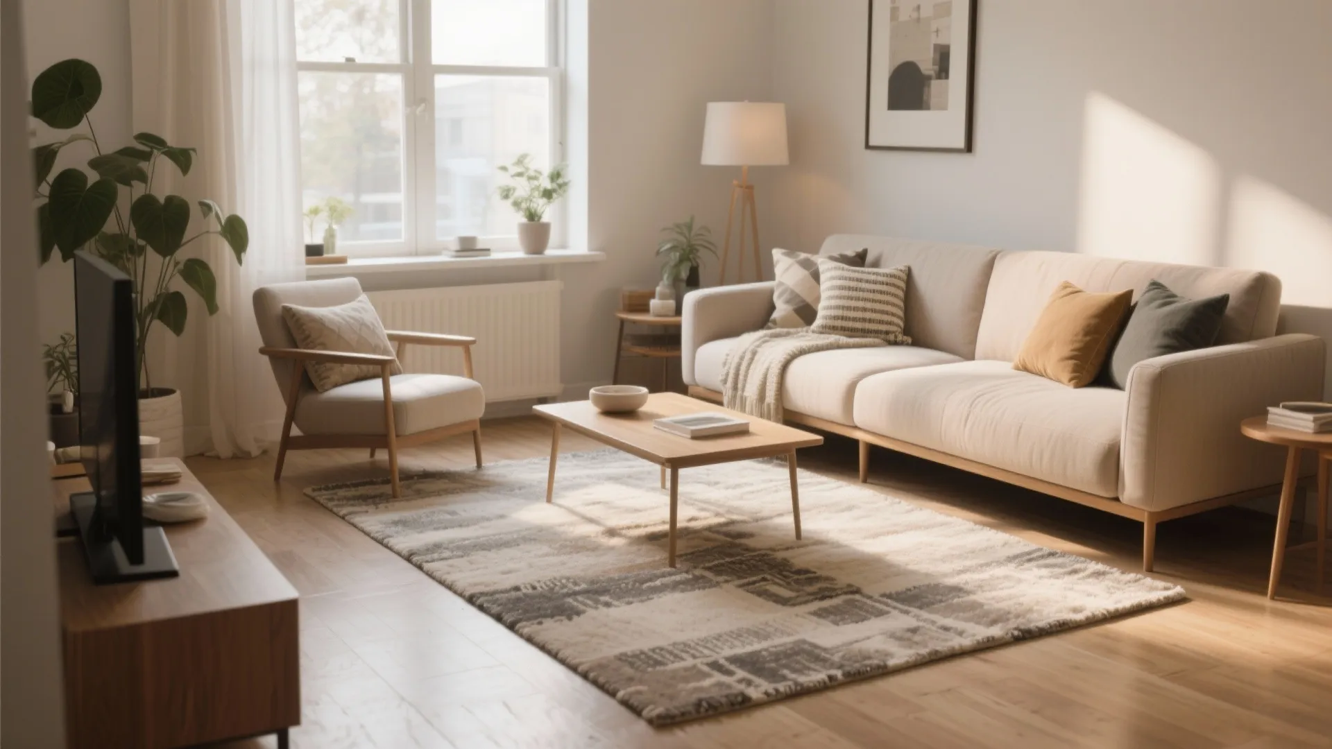 Cozy living room featuring beige sofa patterned rug wooden coffee table floor lamp and natural light