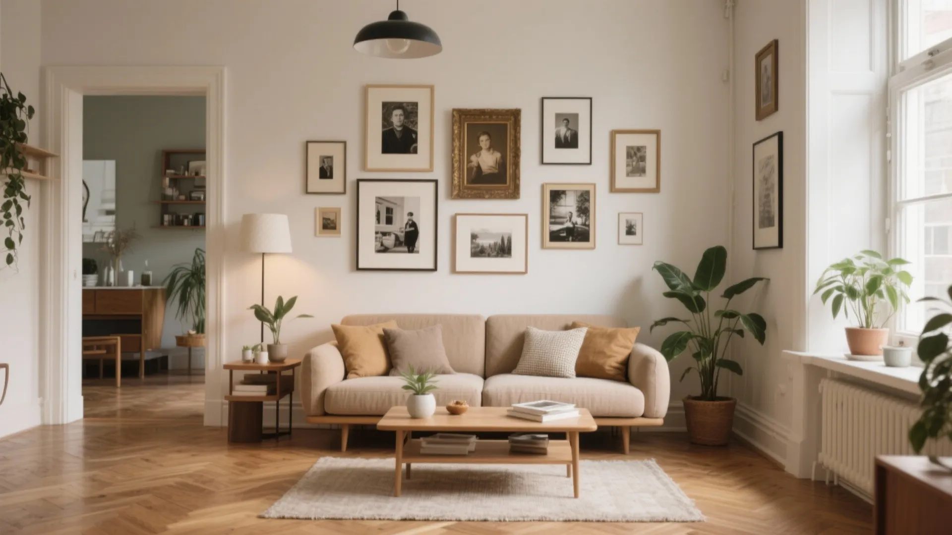 Cozy living room with beige sofa coffee table gallery wall pictures plants and natural light