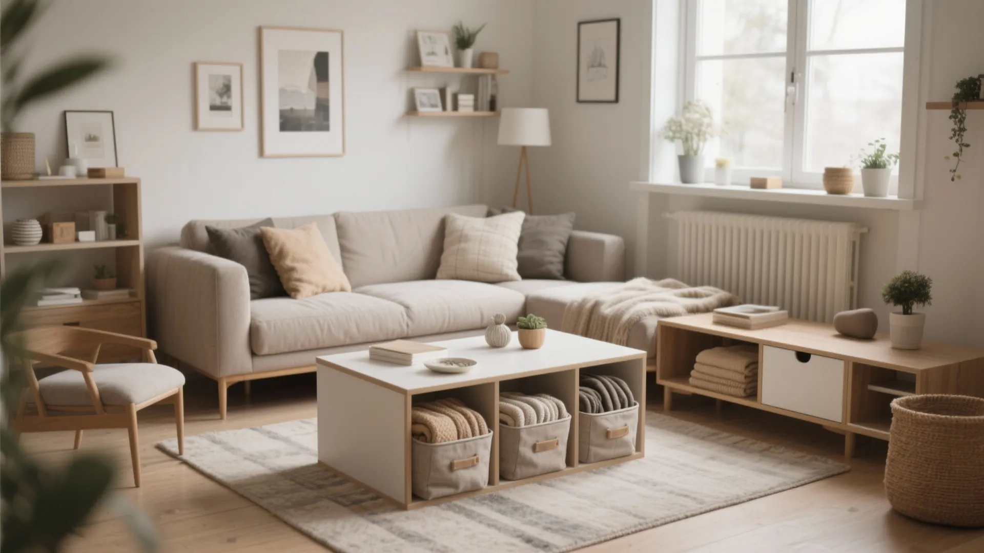 Cozy living room with beige sofa coffee table storage bins wooden cabinets and large white rug