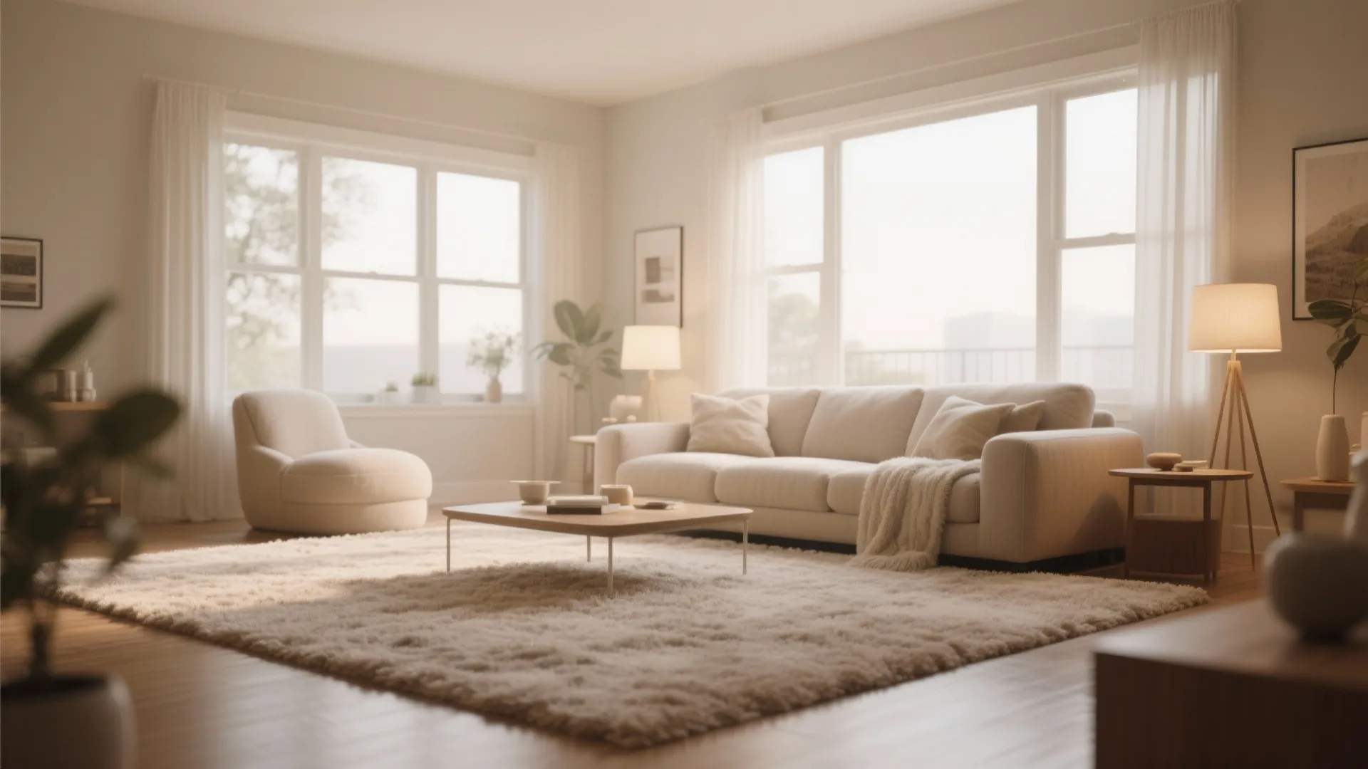 Bright living room with white rug cream sofa coffee table large windows and warm floor lamps