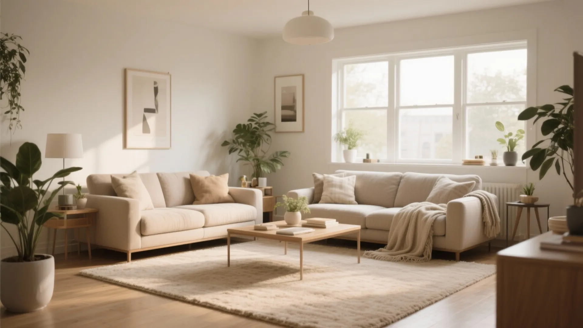Bright modern living room with beige sofas large area rug wooden coffee table and indoor plants