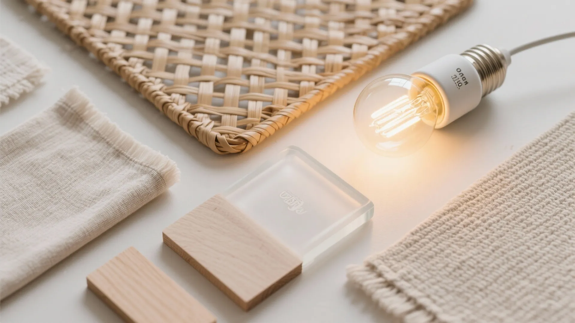 Interior design material board with light bulb wood samples fabric and woven mat on table