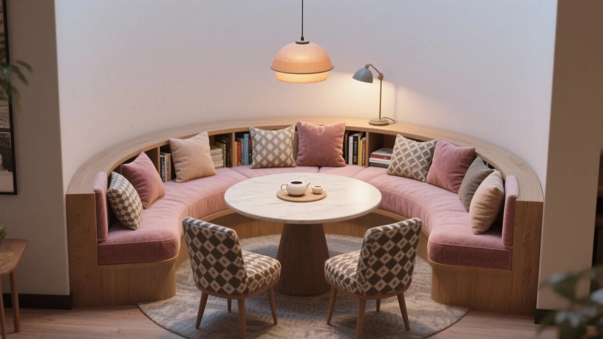 5. Cozy meeting nook with patterns and plush textures