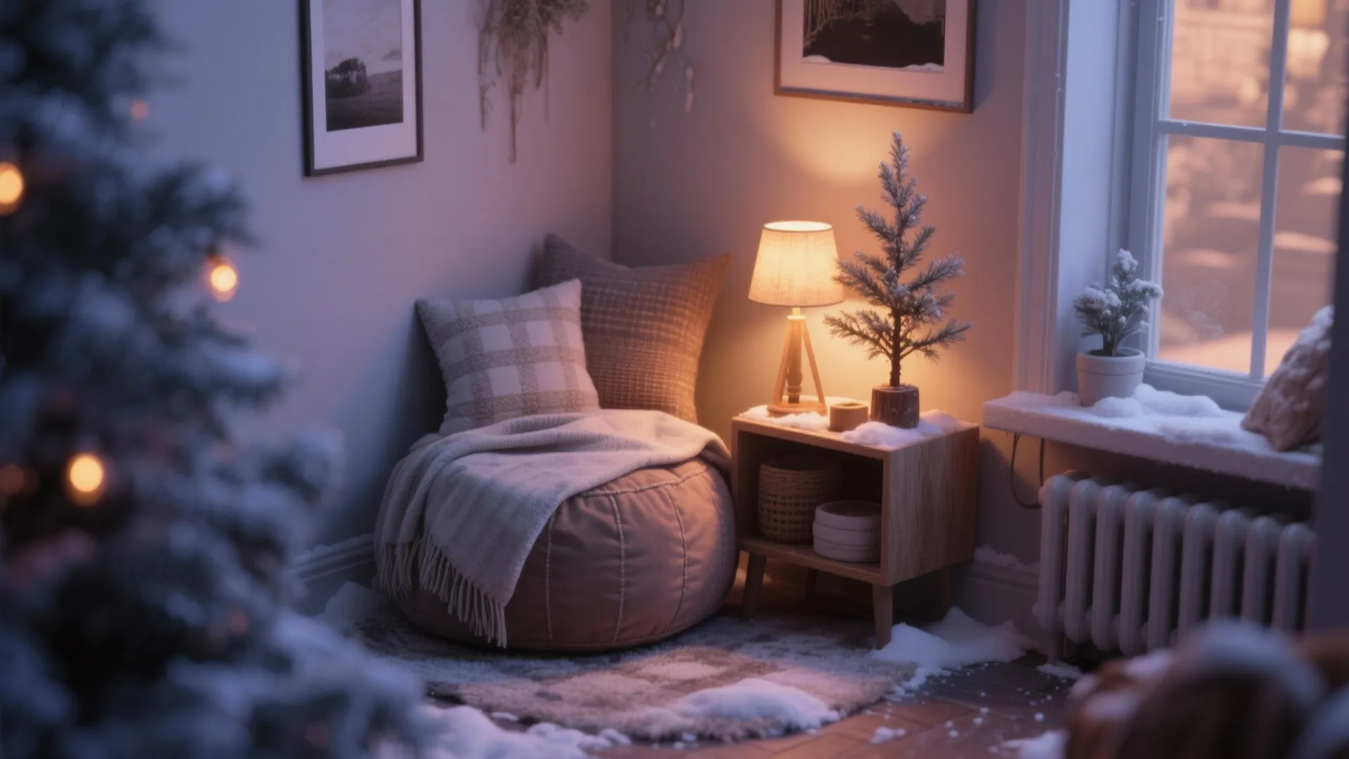 Cozy corner with bean bag chair small table lamp mini tree and warm lighting for winter