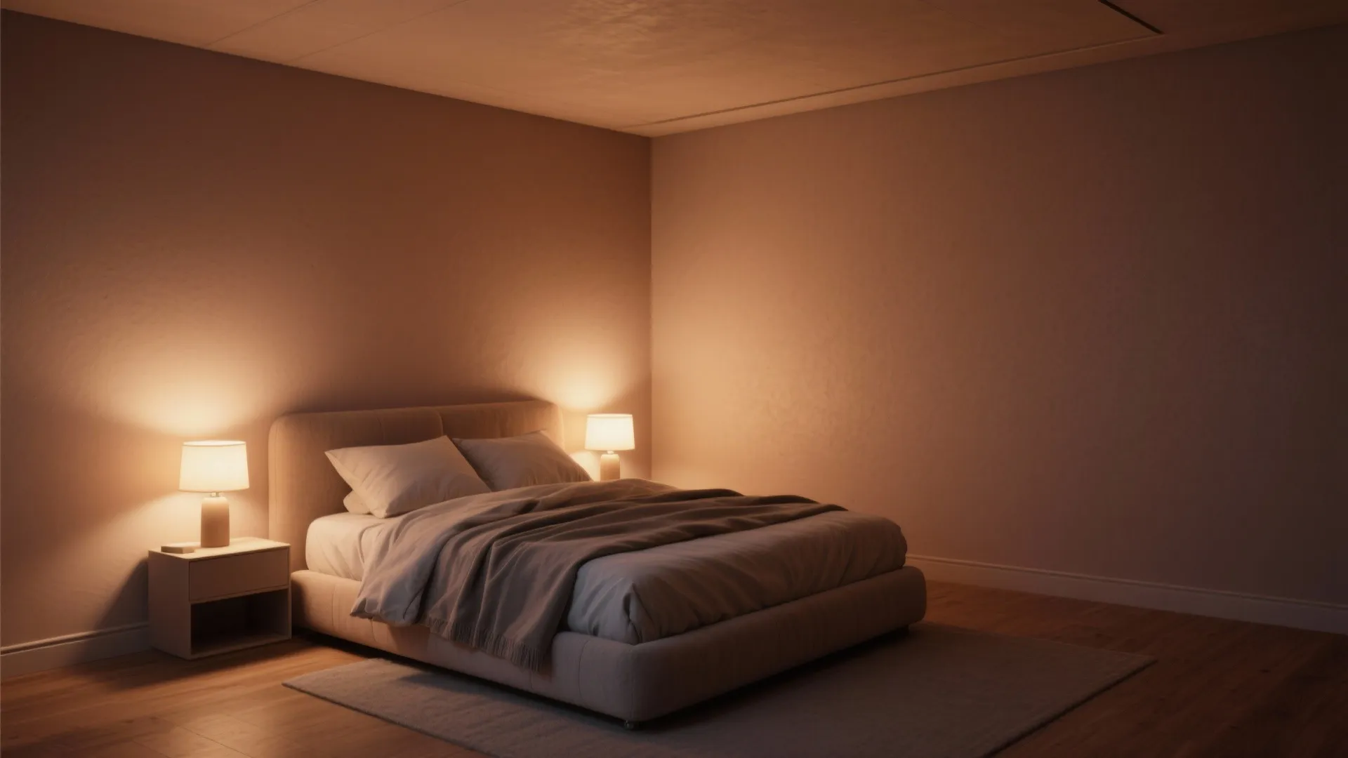Cozy warm bedroom with a large bed two bedside lamps wooden floor and a rug