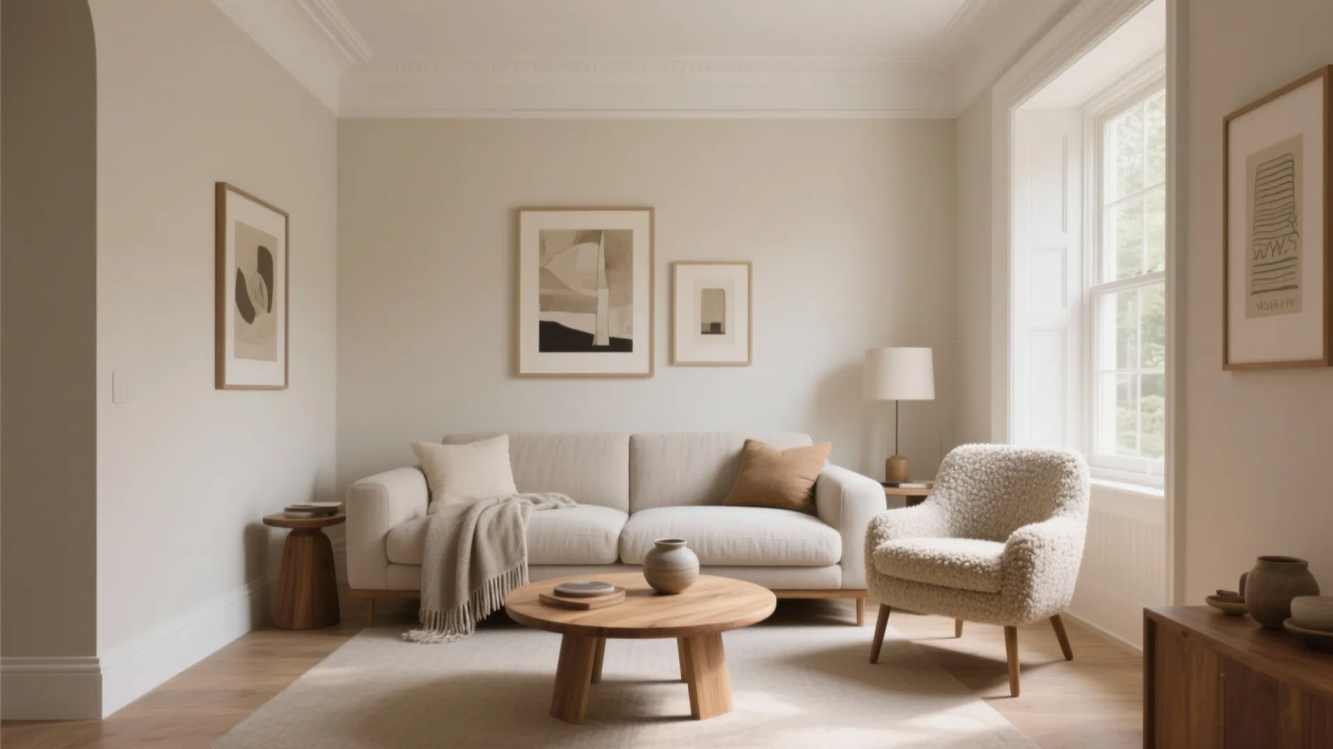 Cozy living room featuring neutral colors white sofa fluffy armchair wooden coffee table and art