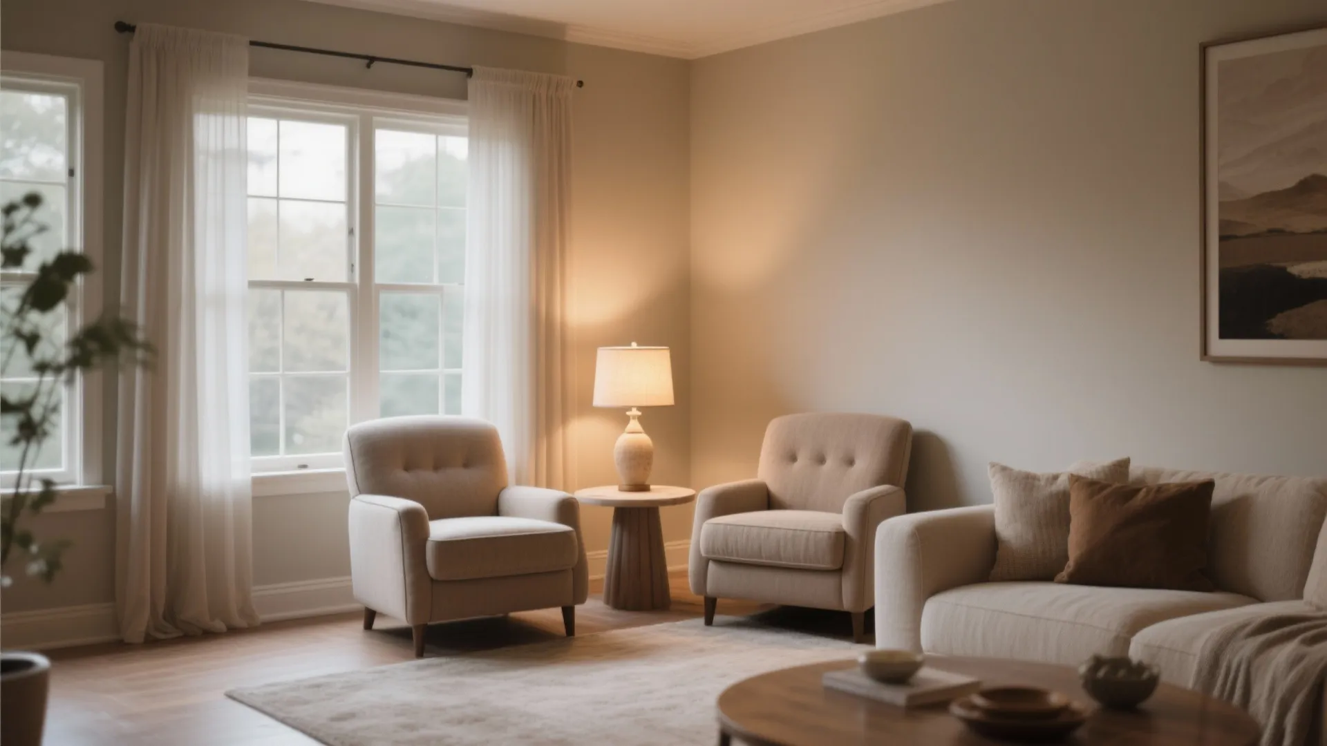 Cozy living room corner with two beige armchairs a side table lamp and large window