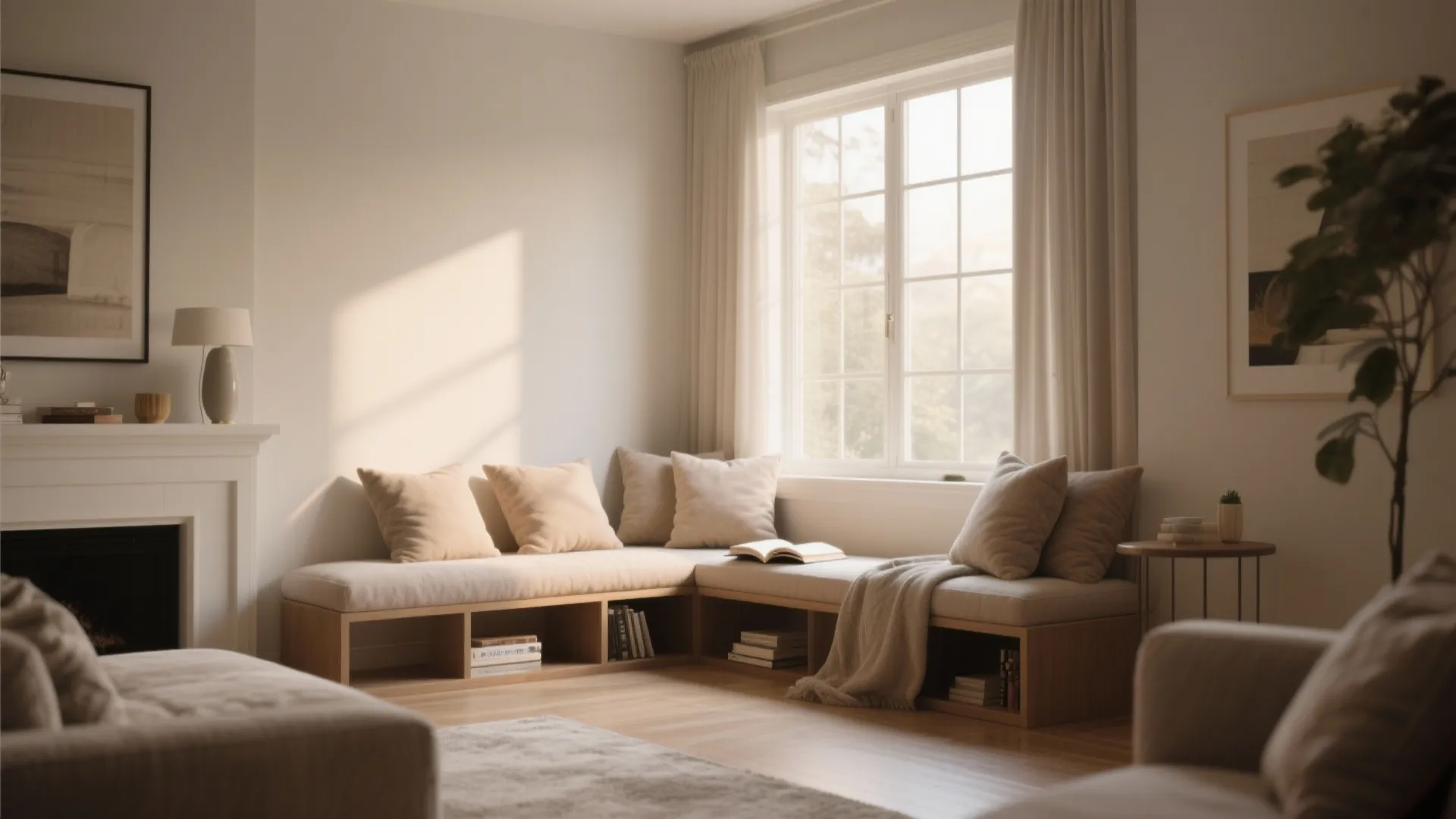 Cozy reading corner with window seat cushions and built-in wooden bookshelves for a warm home atmosphere