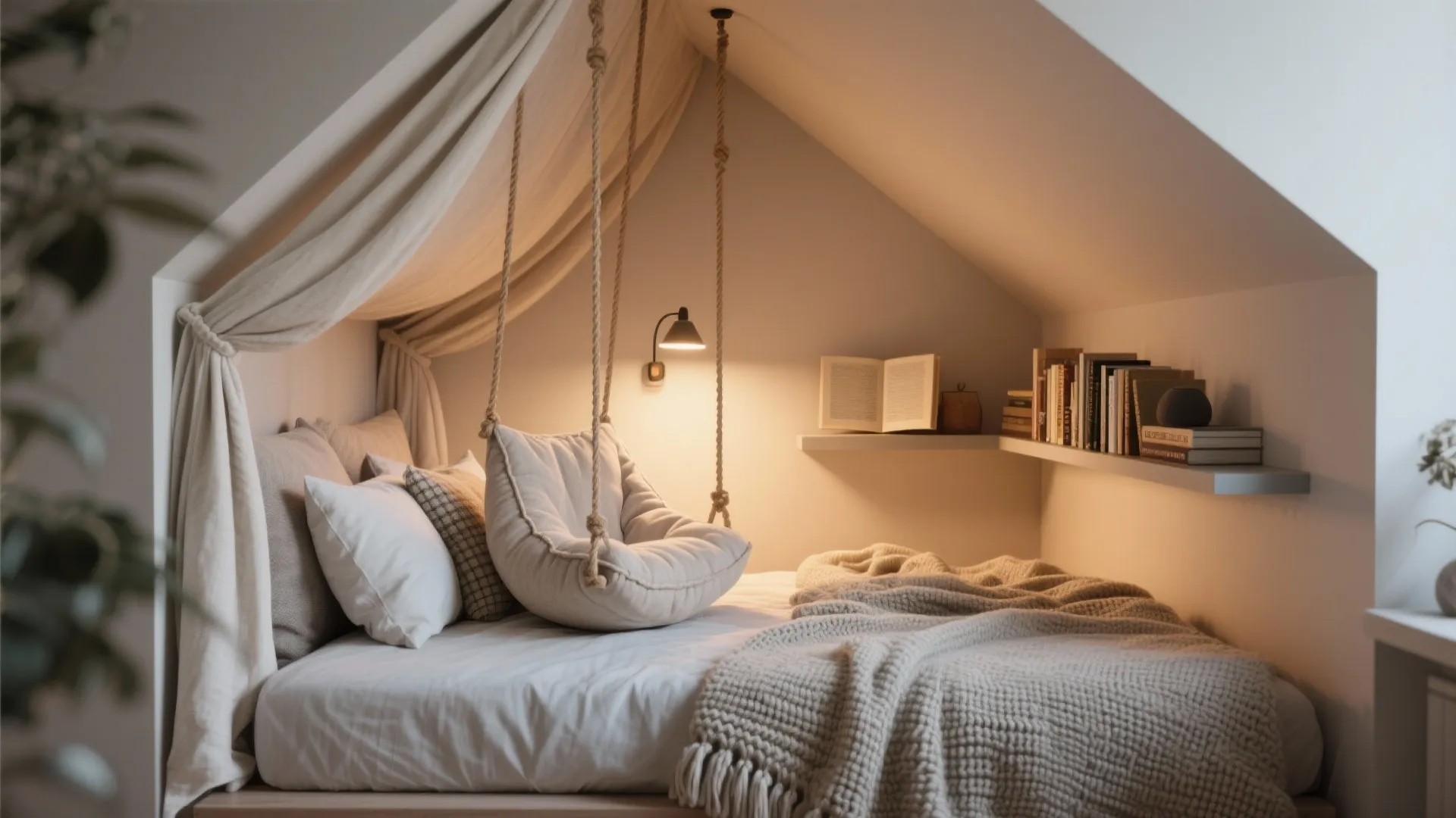 Cozy attic bedroom featuring a hanging chair over the bed with books and wall light