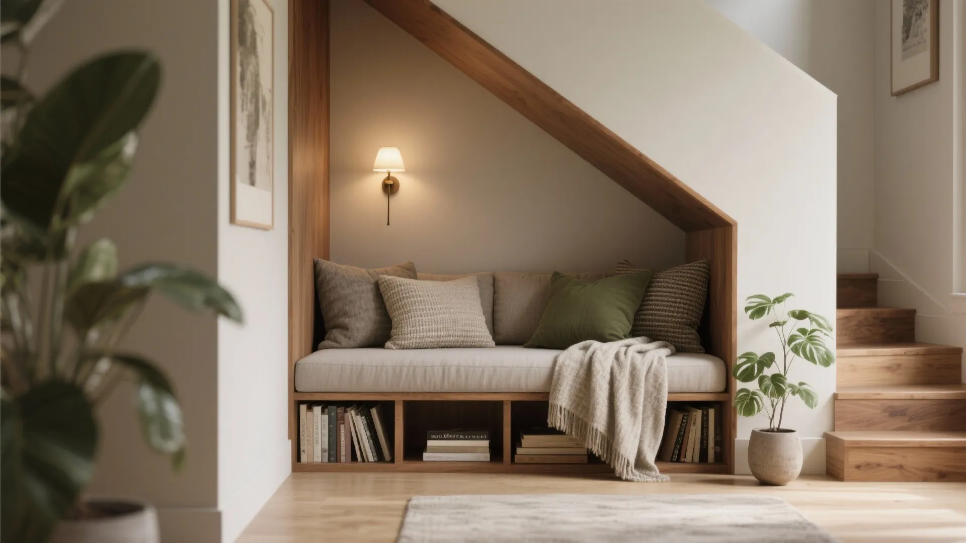 Cozy reading area under wooden stairs with soft pillows one wall light and small bookshelves
