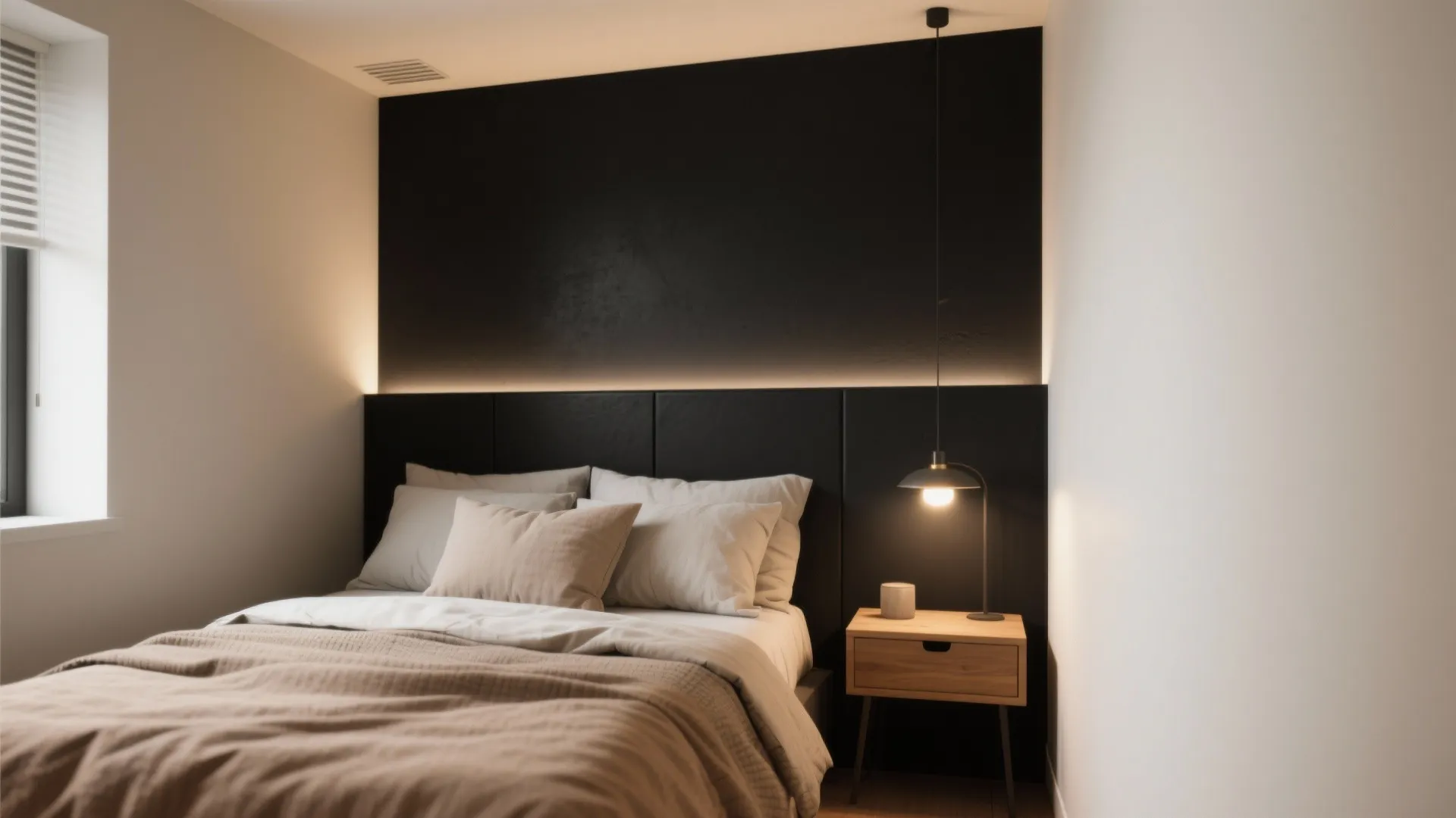 Tiny bedroom with a matte black headwall, layered lighting and warm neutral bedding for a cocooning feel.
