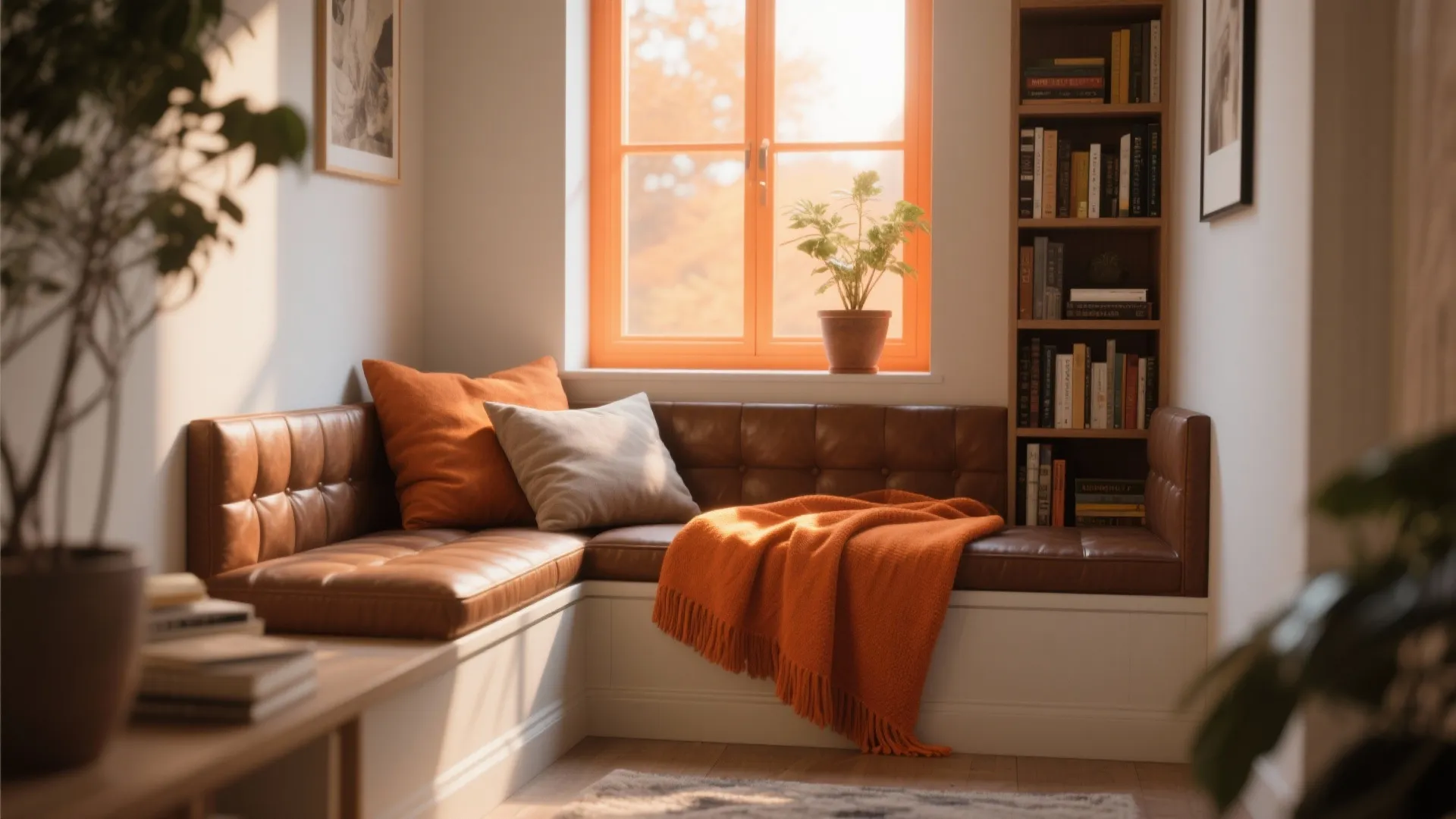 Built-in window seat with brown leather cushions, orange blanket, pillows, tall bookshelf, and potted plant