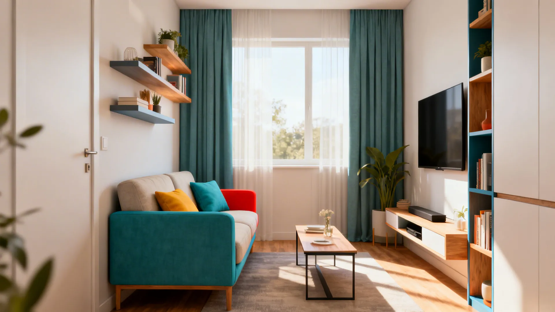 Compact cozy nook with a two-seater sofa, floating shelves and slim media console