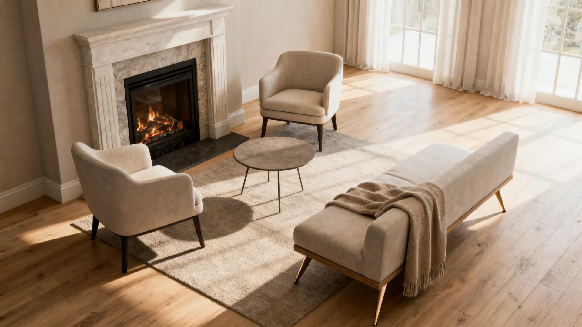 Scaled seating arrangement with two armless chairs and a slim loveseat around a fireplace