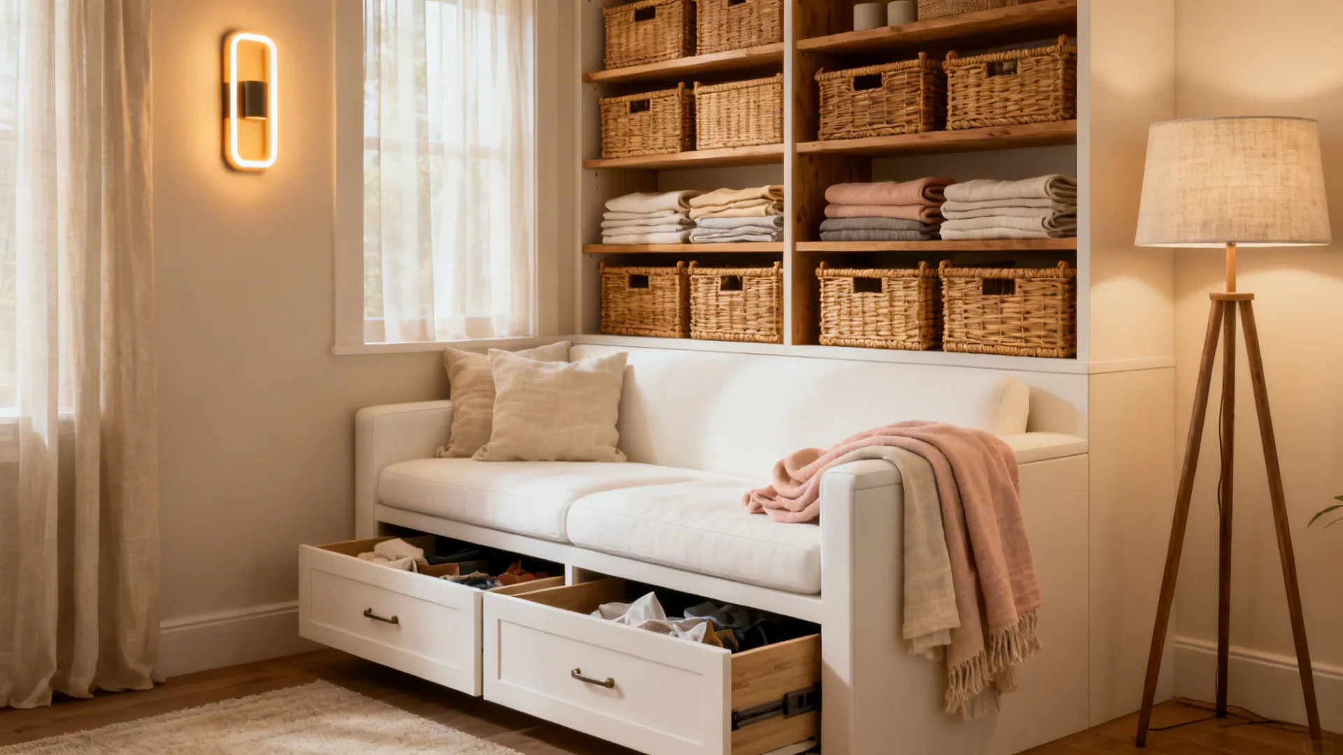 Small living room nook with a white sofa and built-in storage keeping clutter hidden.